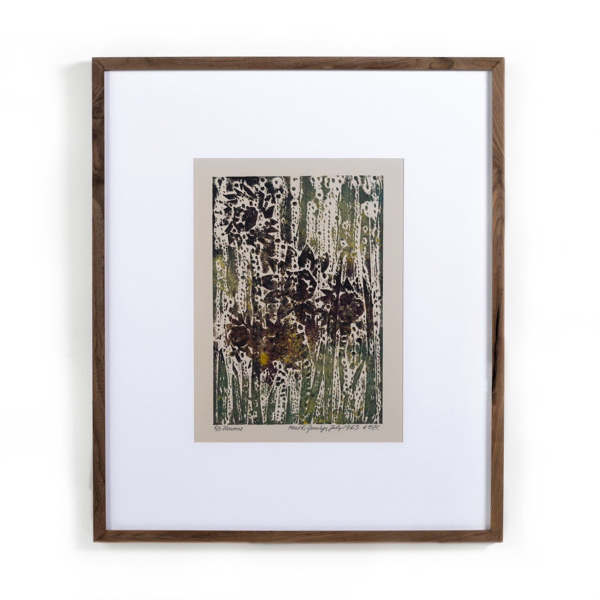 Framed abstract floral artwork with a white border on a white background