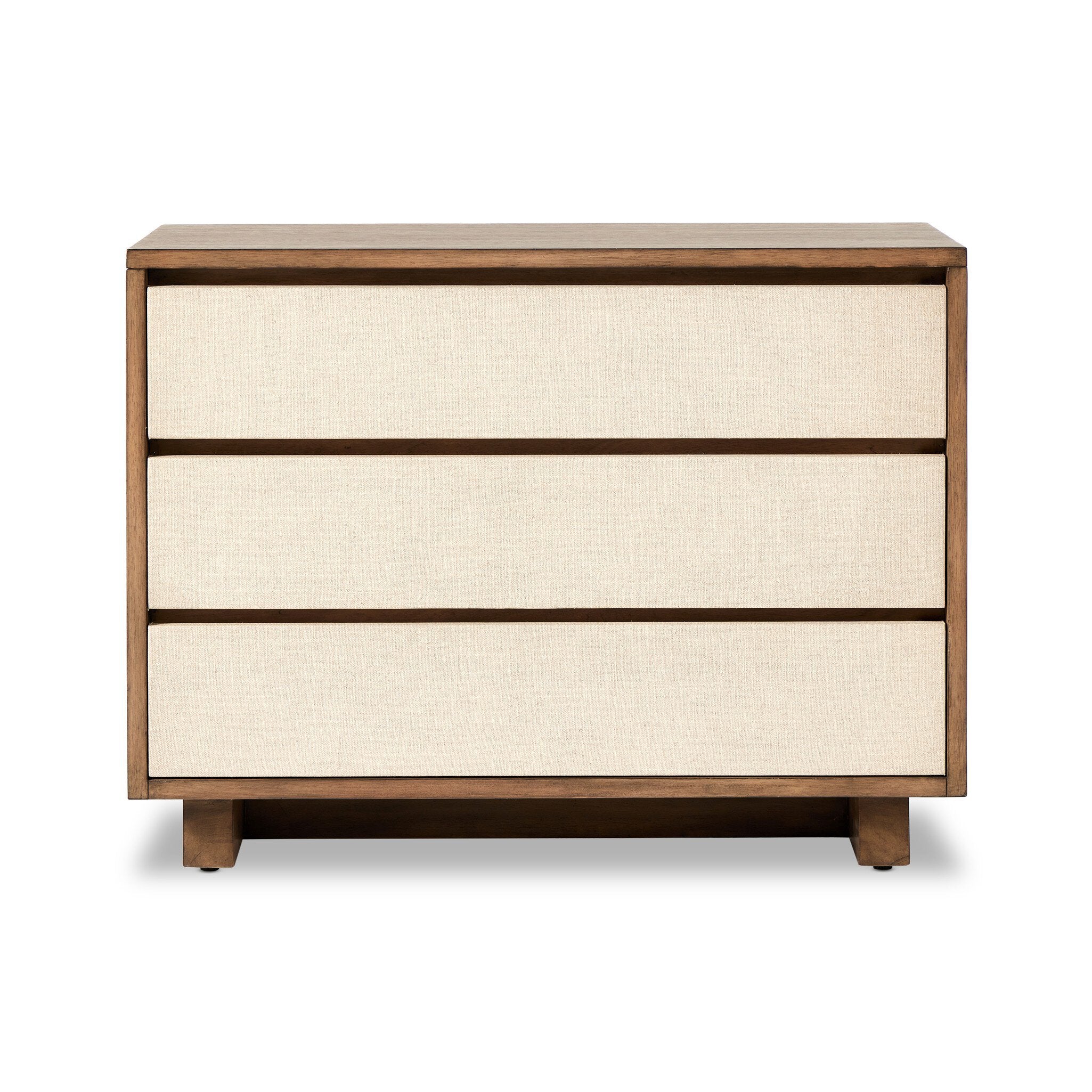Wooden dresser with beige fabric-covered drawers on a white background