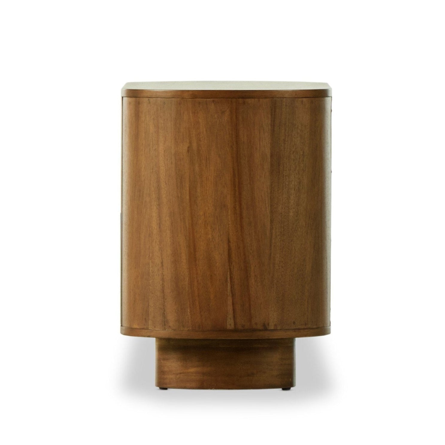 Wooden cylindrical side table on a white background