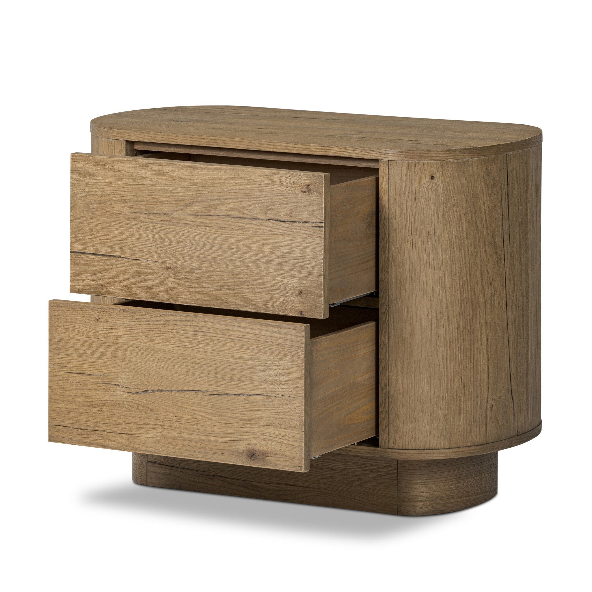 Wooden nightstand with two drawers on a white background