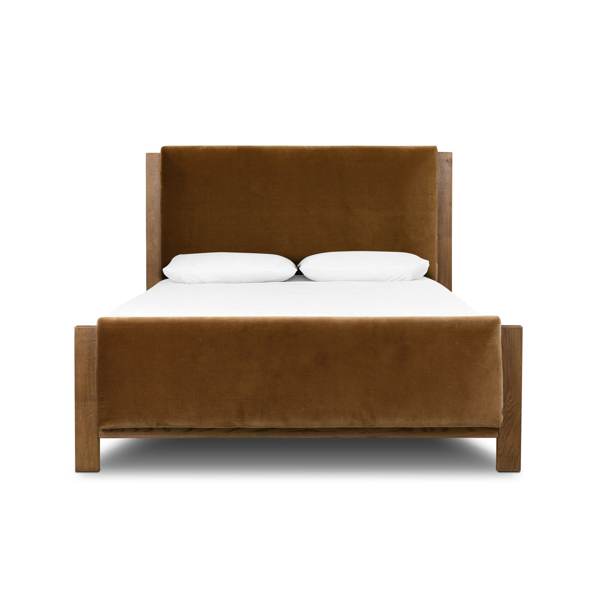 Brown upholstered bed with white bedding on a white background