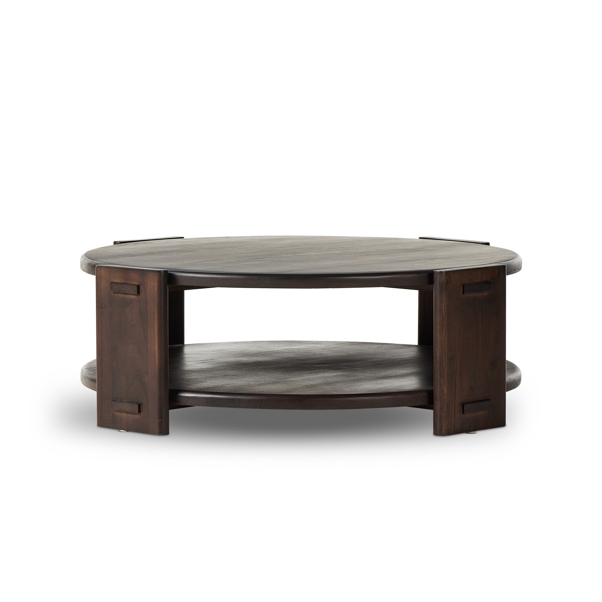 Round wooden coffee table on a white background