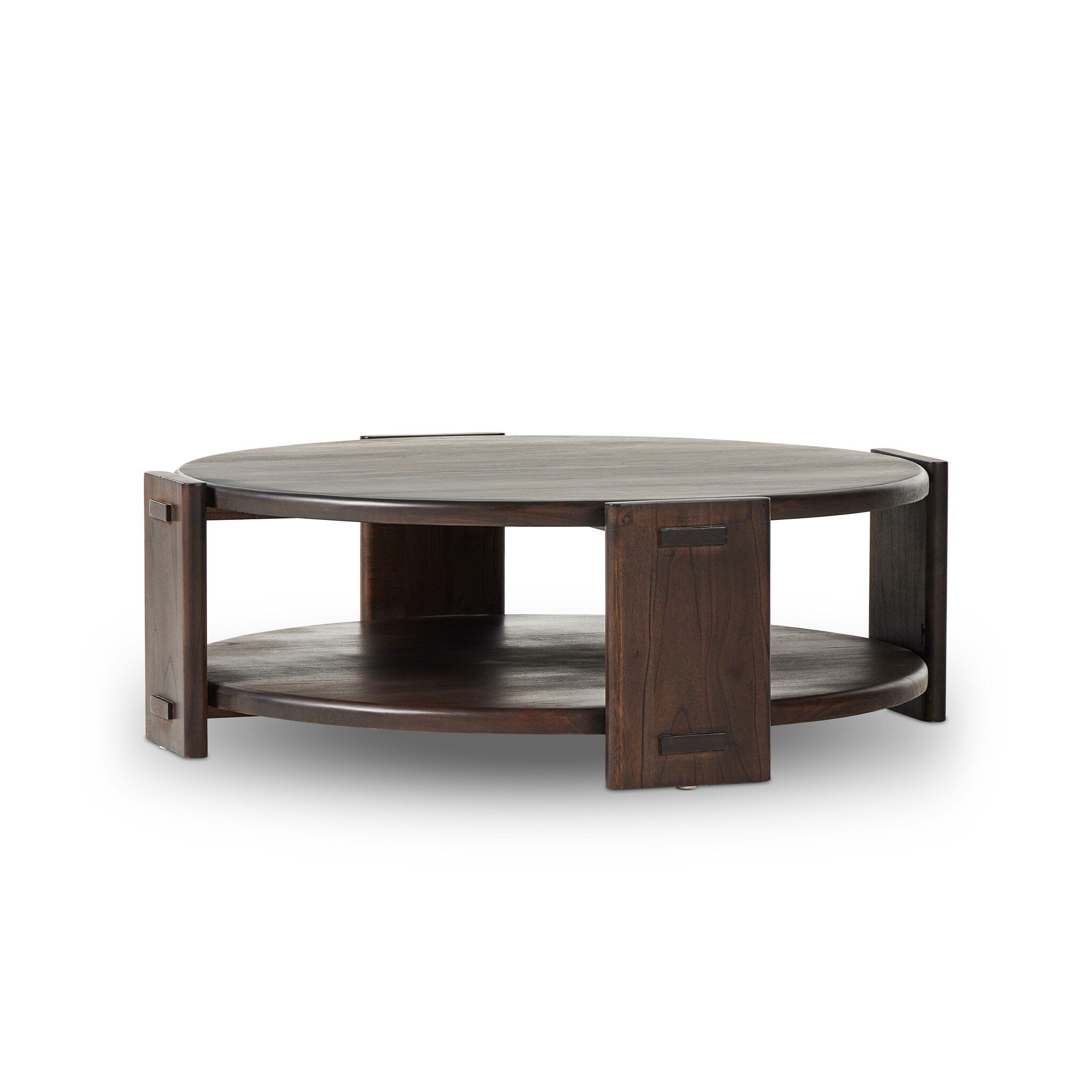 Round wooden coffee table on a white background
