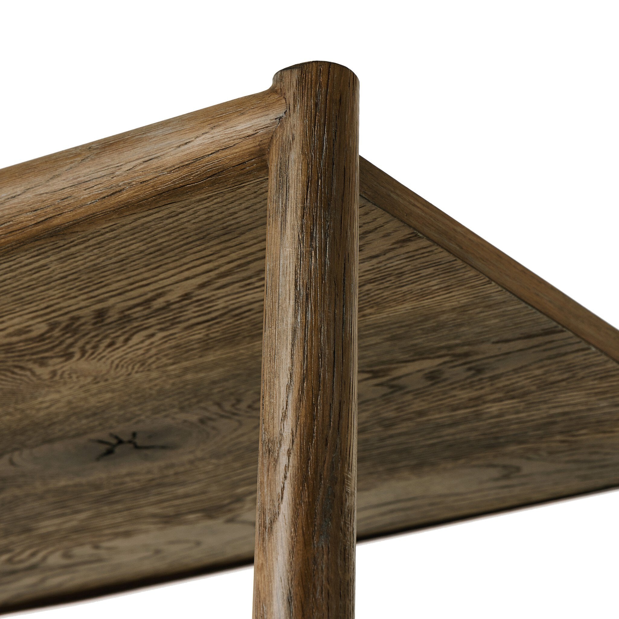 Close-up of a wooden shelf corner with a white background