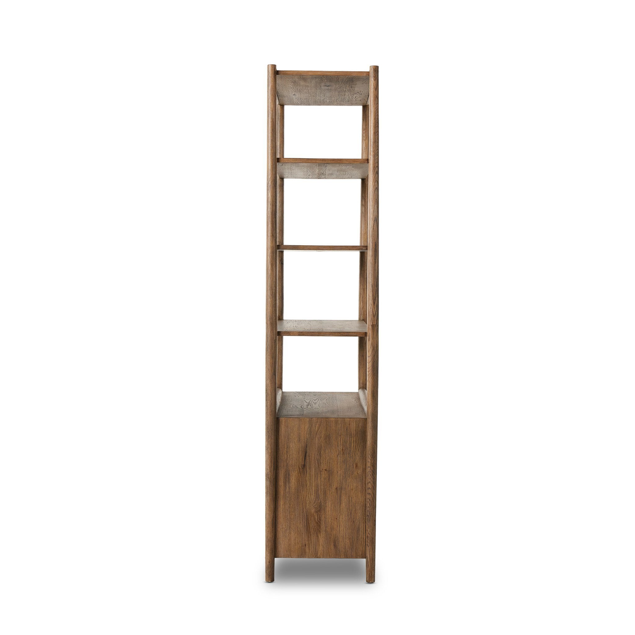 Wooden shelf with multiple shelves on a white background