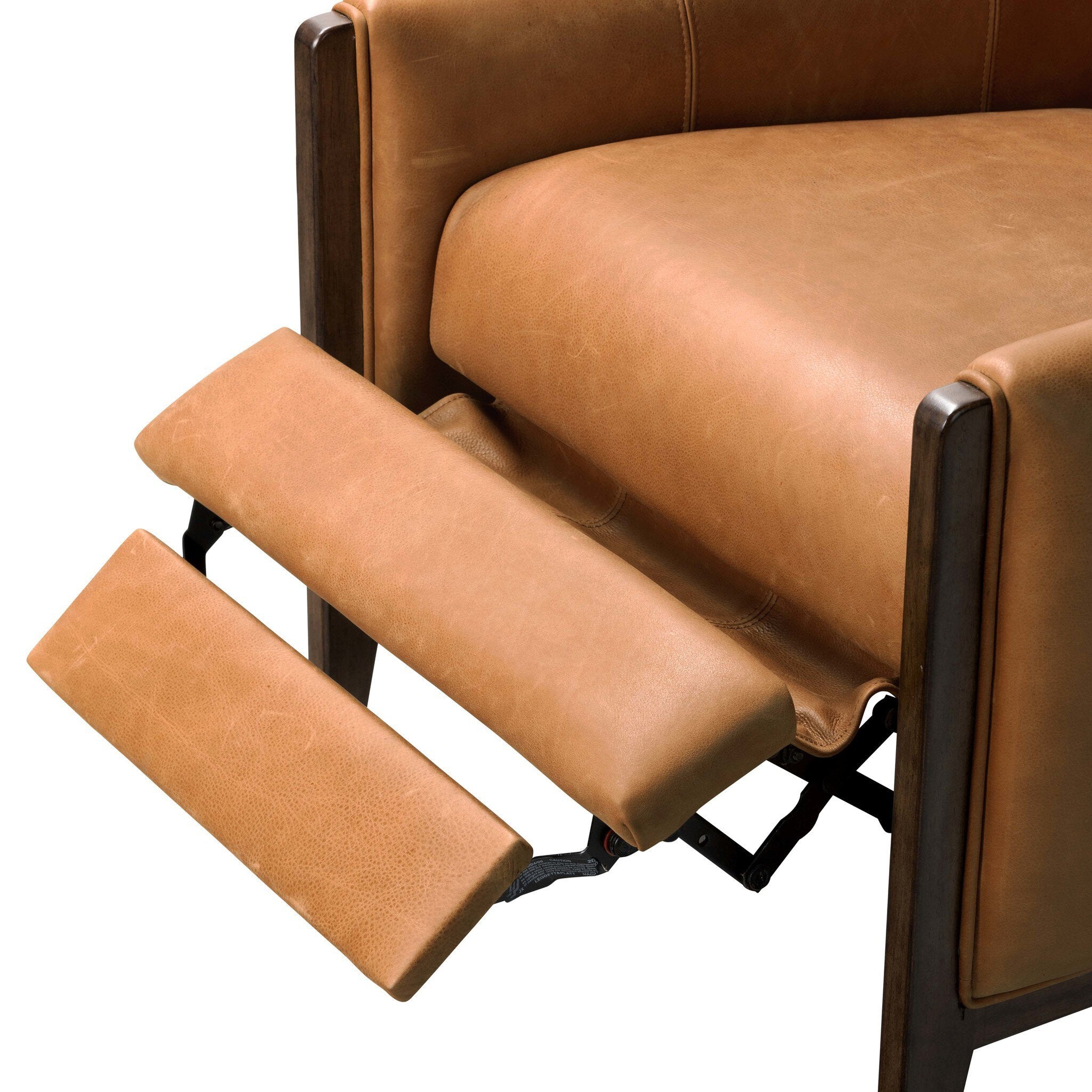 Brown leather recliner chair with armrests on a white background