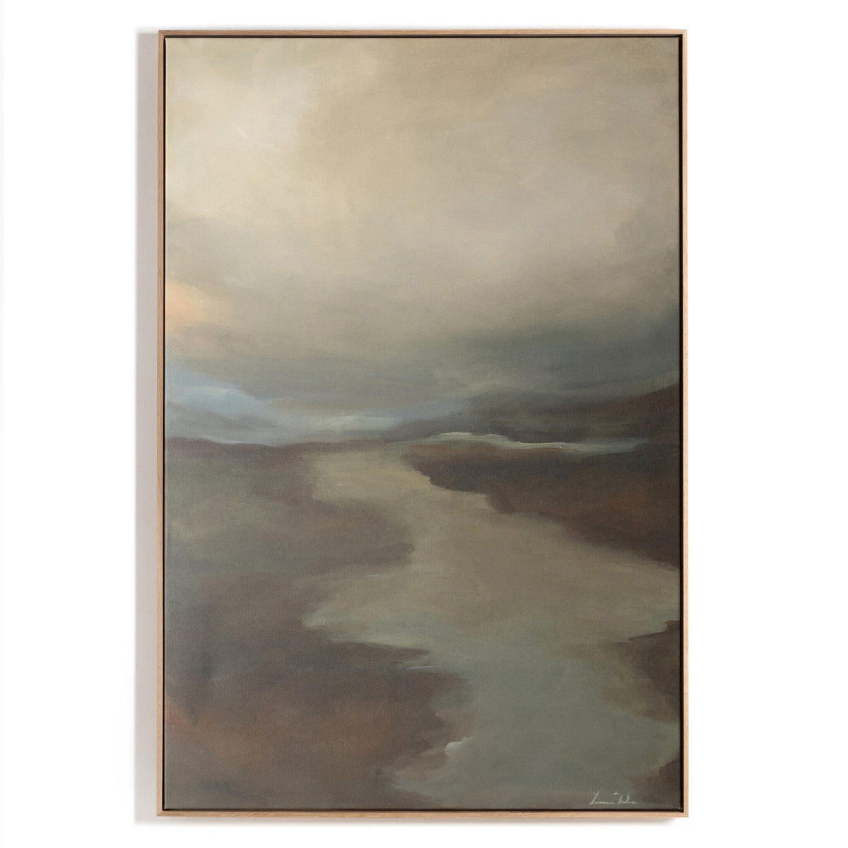 Abstract landscape painting with earthy tones on a white background