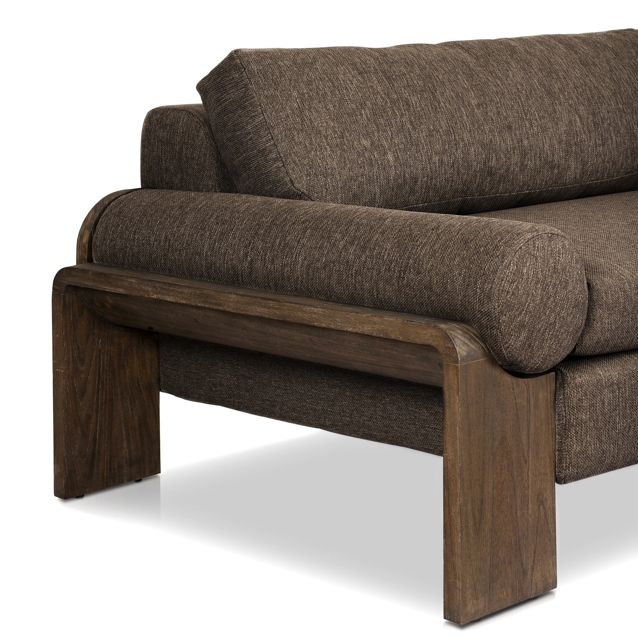 Brown sofa with wooden frame on a white background