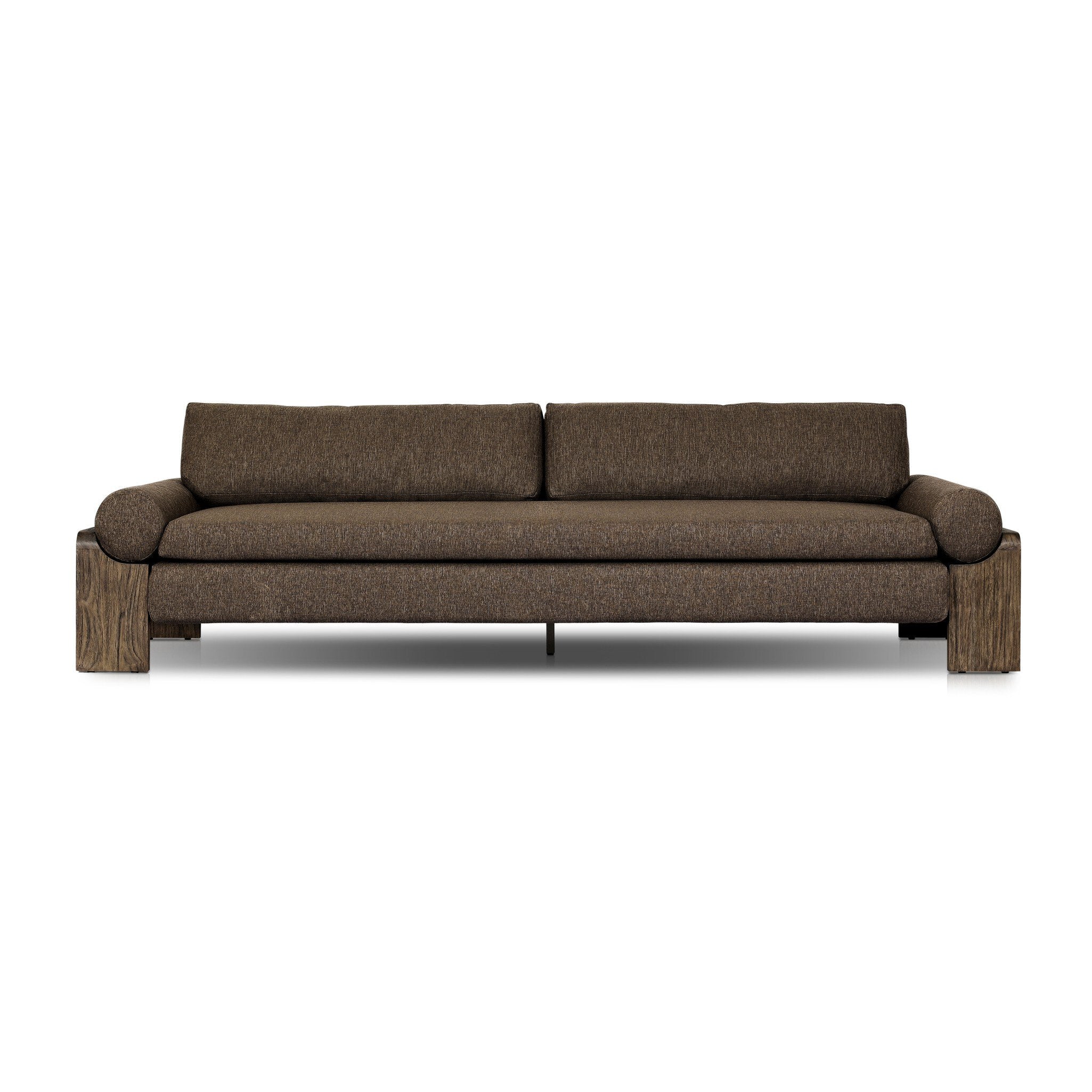 Brown outdoor sofa with wooden legs on a white background