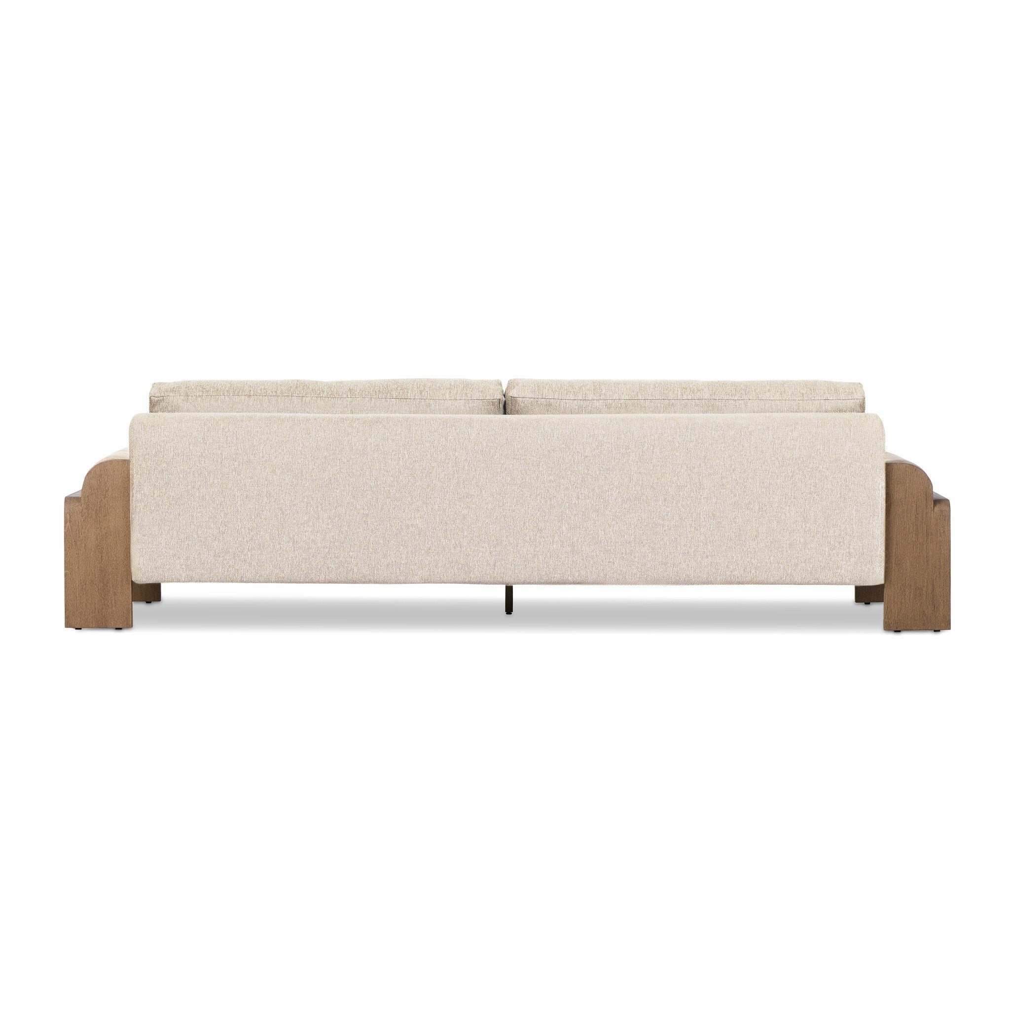 Beige sofa with wooden armrests on a white background