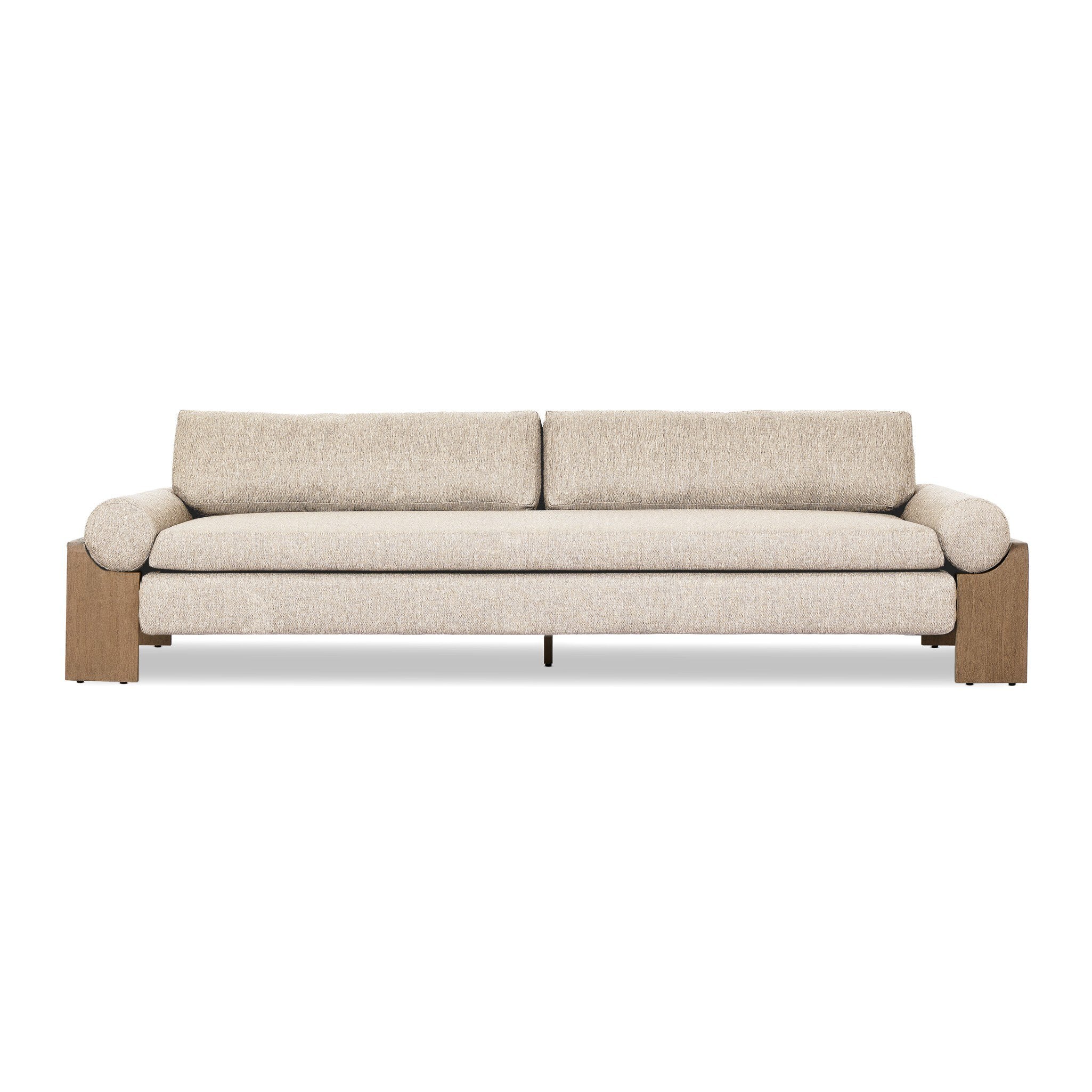 Beige outdoor sofa with wooden legs on a white background