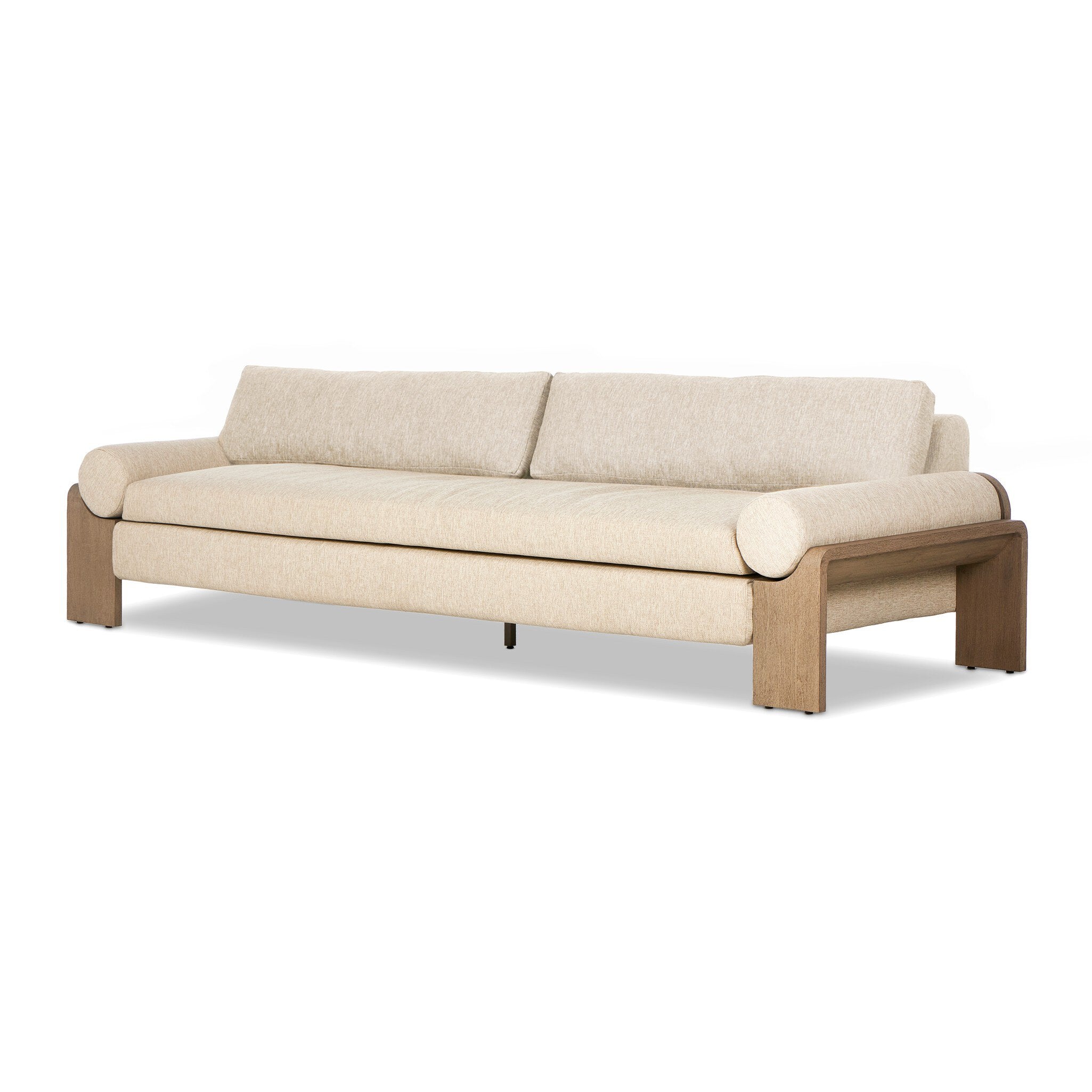 Beige outdoor sofa with wooden frame on a white background
