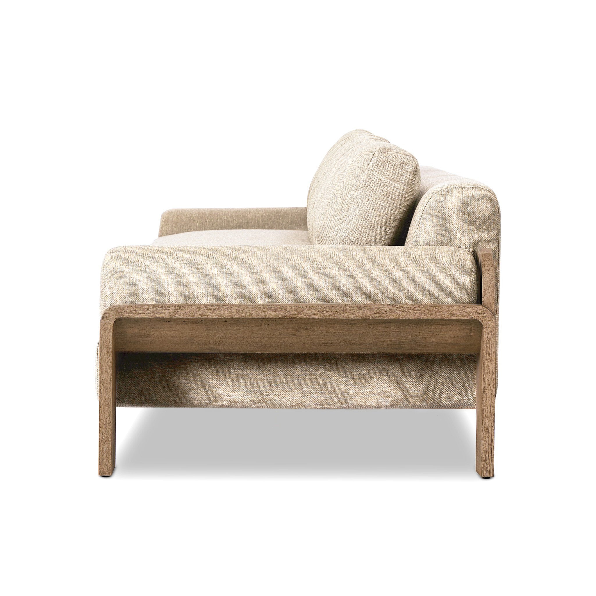 Beige sofa with wooden frame on a white background