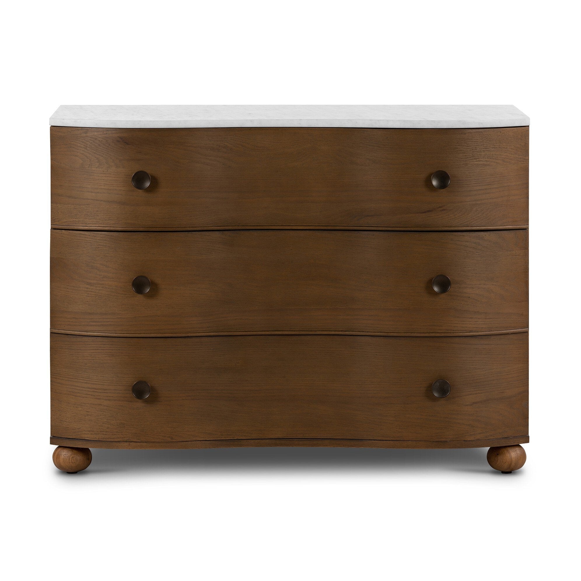 Wooden dresser with three drawers on a white background