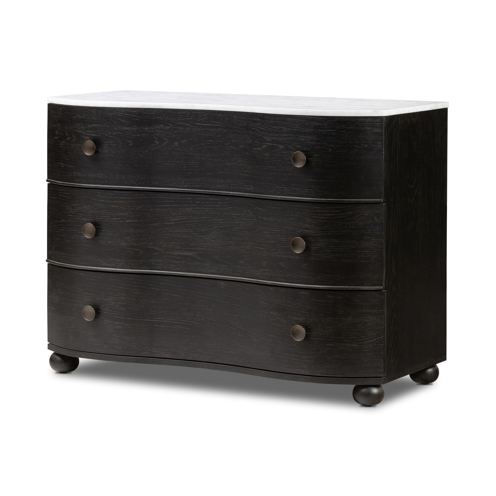 Dark wood dresser with white top on a white background