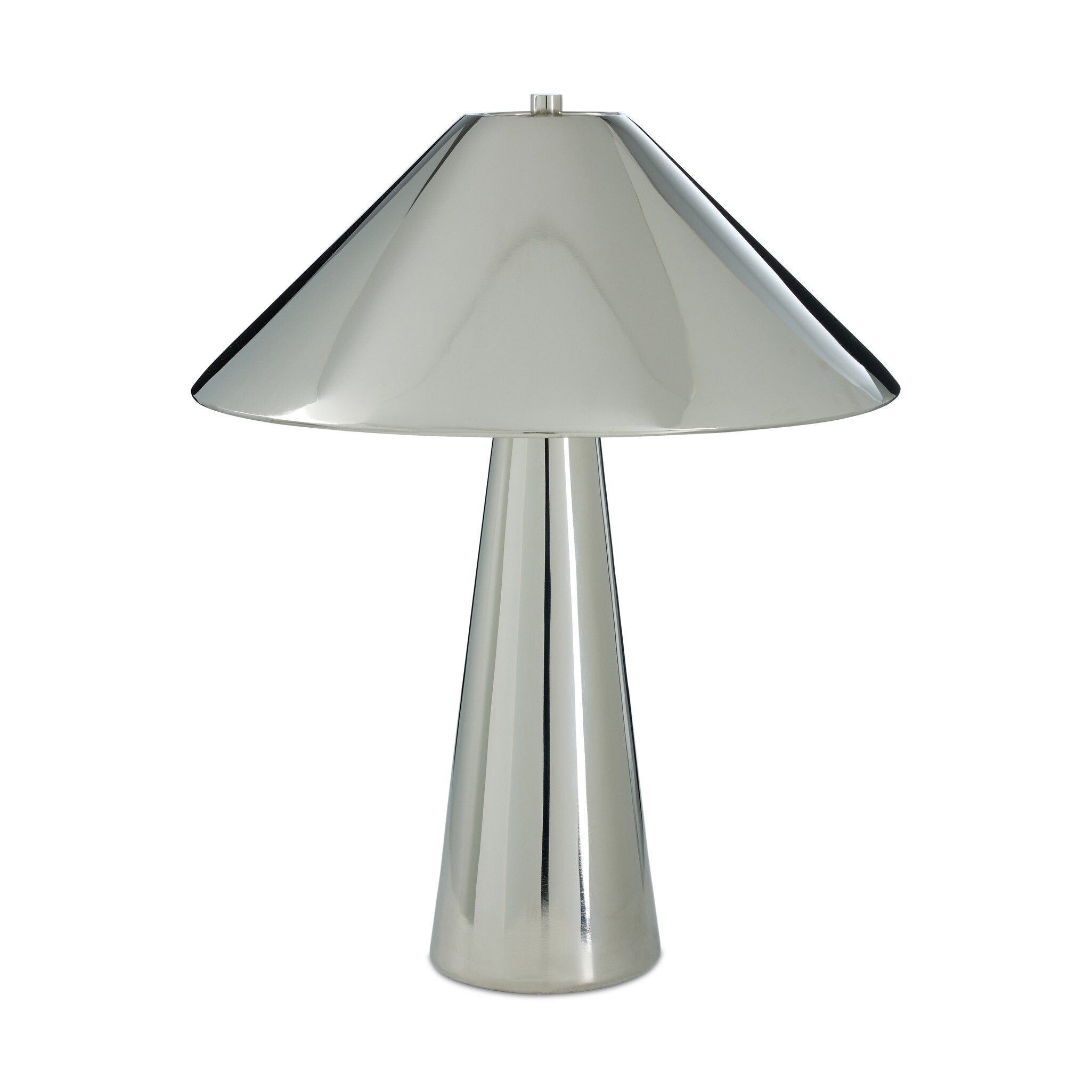 Silver table lamp with a conical shade on a white background