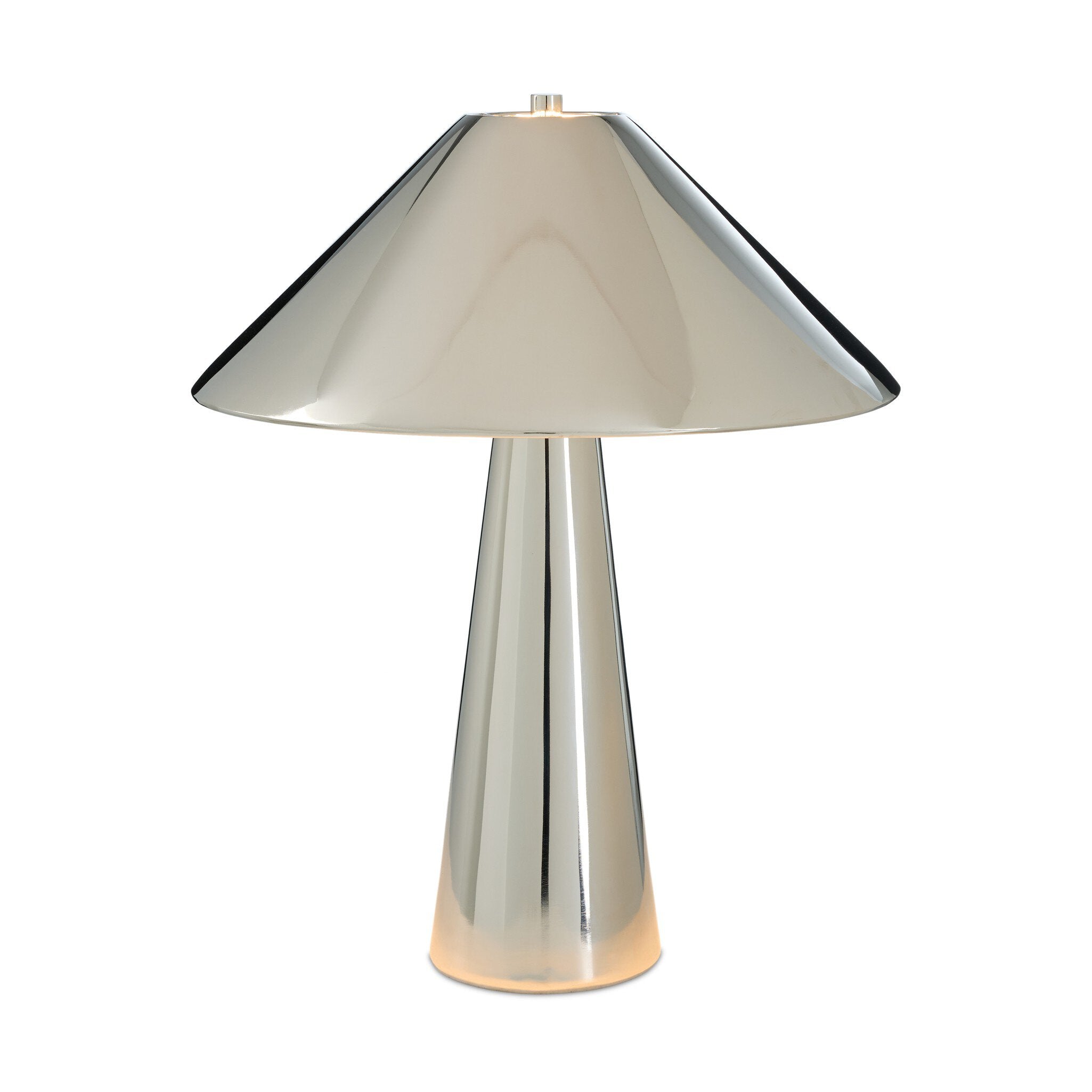 Silver table lamp with a conical shade on a white background
