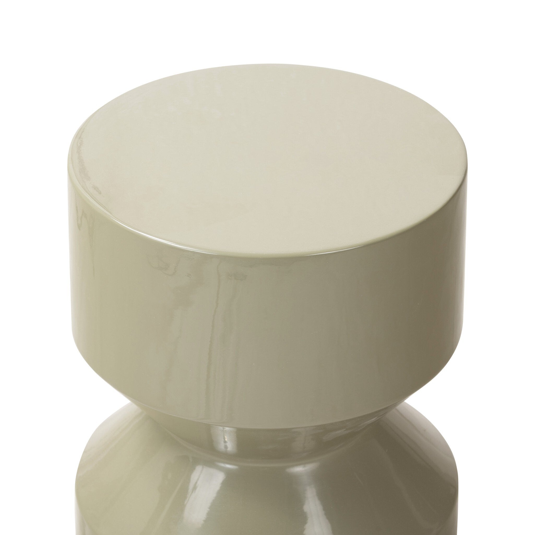 Beige green cylindrical end table on a white background
