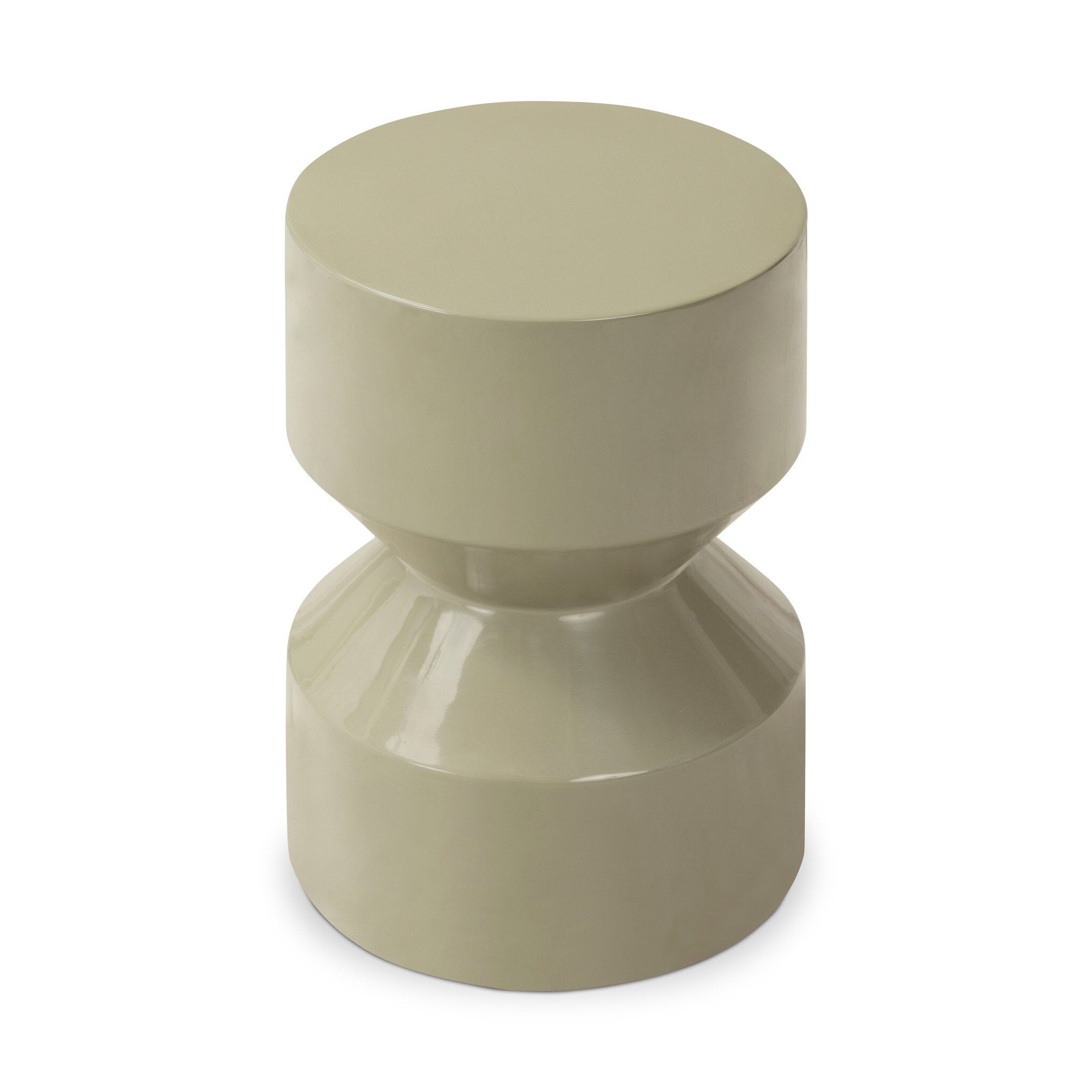Beige green hour-glass shaped end table on a white background