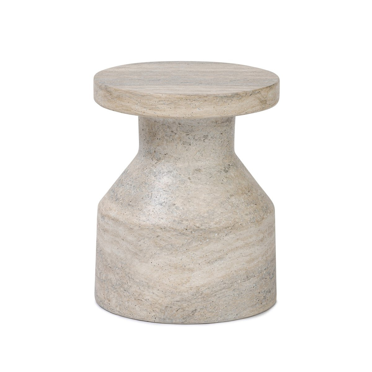Marble side table with a round top and cylindrical base on a white background