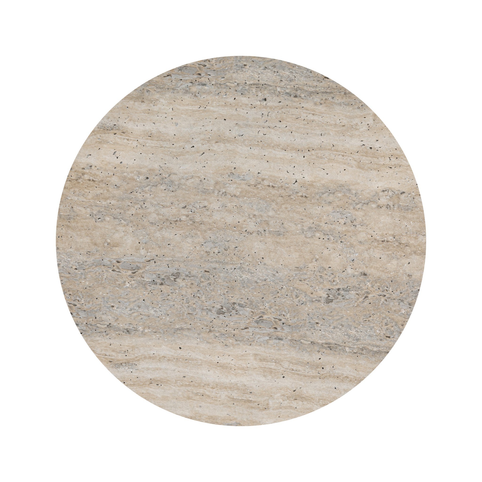 Round marble end table with beige and gray pattern on a white background