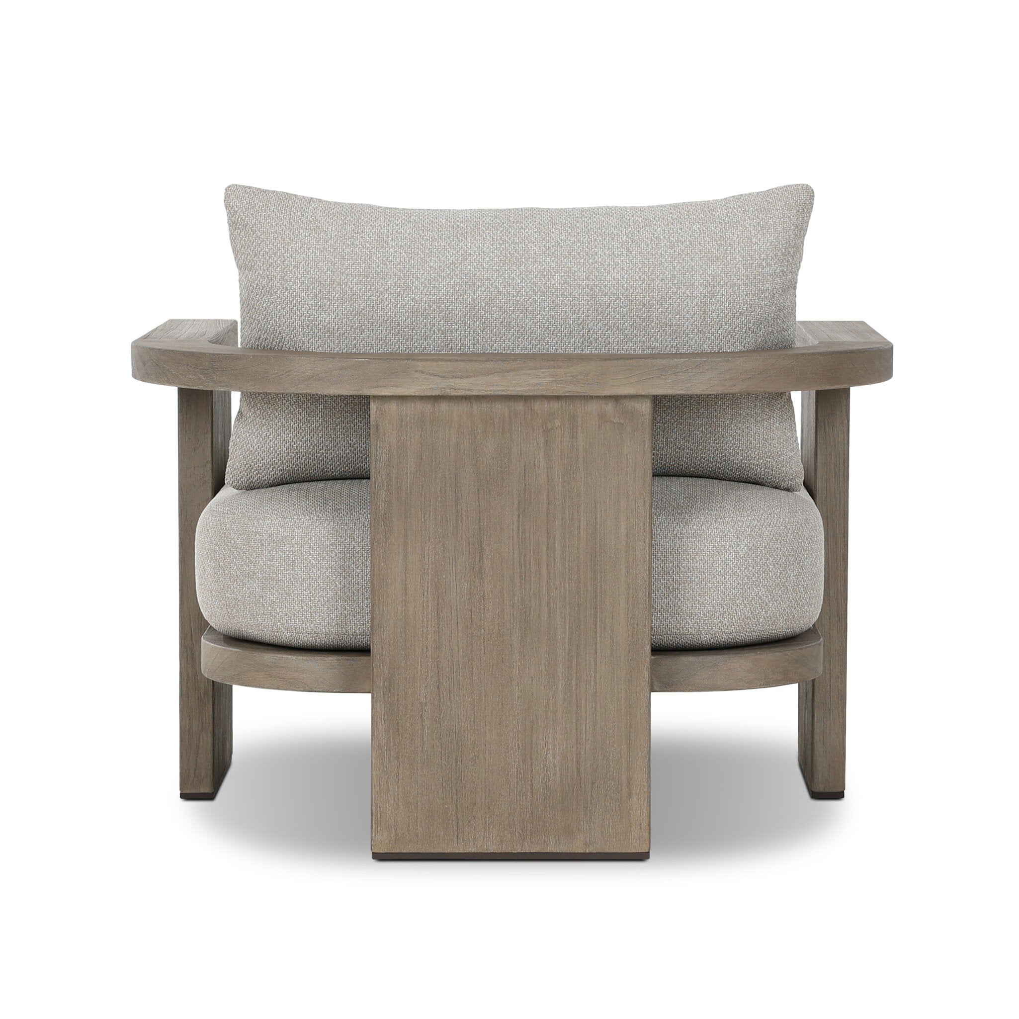 Outdoor chair with wooden frame and gray cushions on a white background