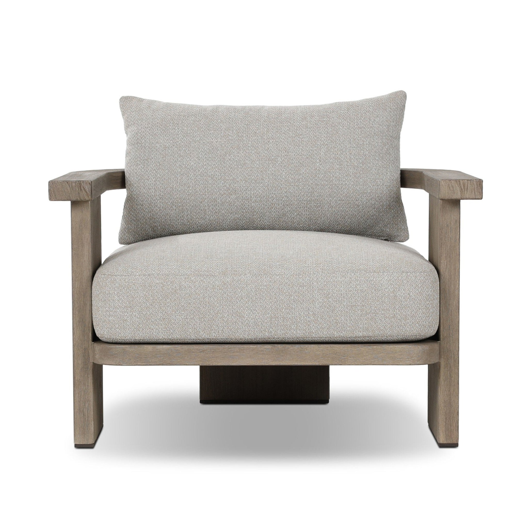 Outdoor armchair with gray cushion and wooden frame on a white background