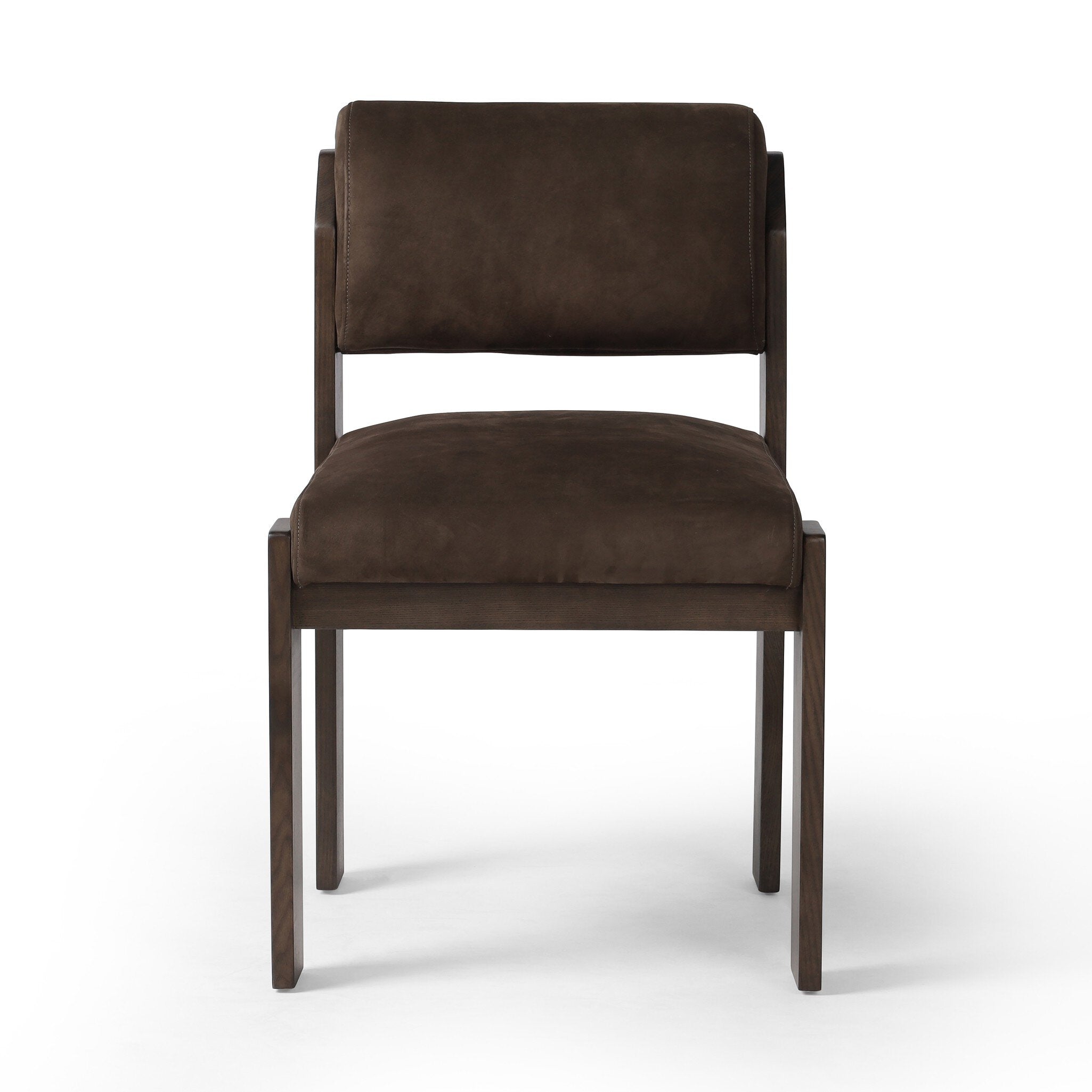 Brown leather upholstered chair on a white background