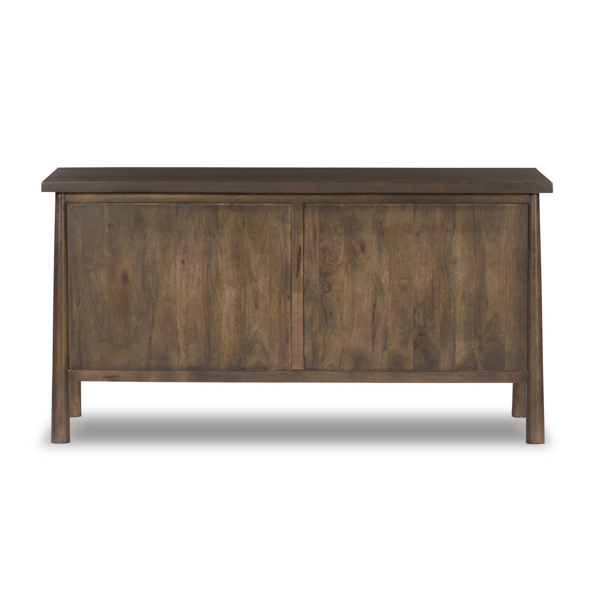 Back of wooden dresser with brown finish on a white background