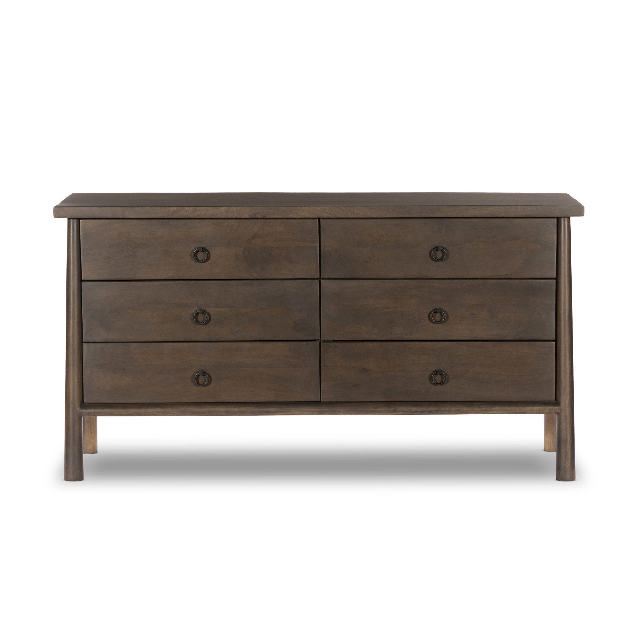 Wooden dresser with six drawers on a white background