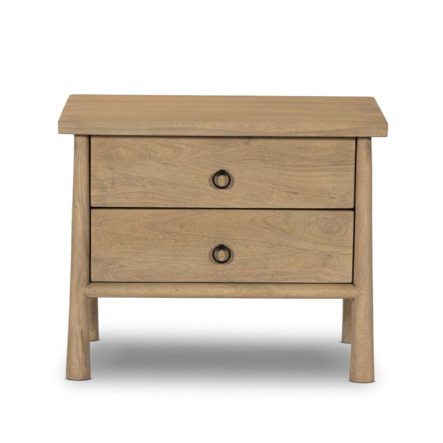 Wooden nightstand with two drawers on a white background