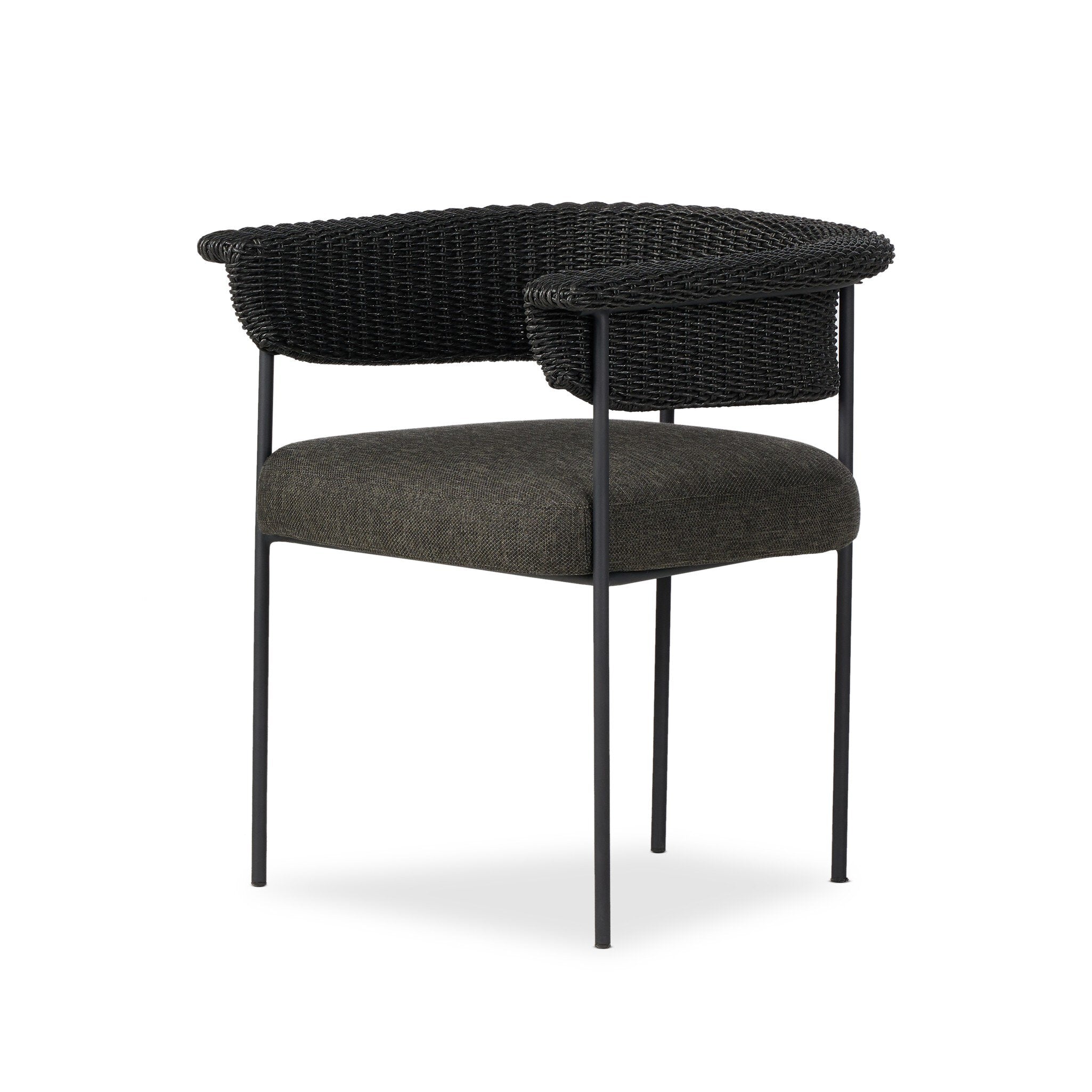 Black wicker chair with dark gray cushion on a white background