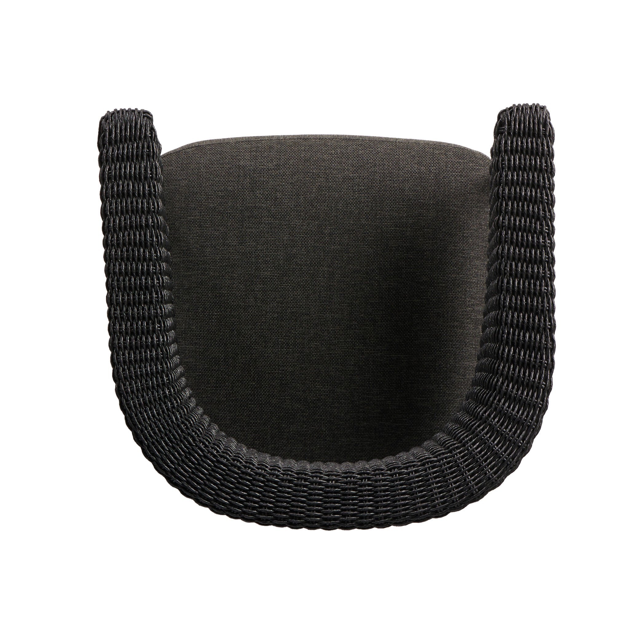 Black woven chair with a plain white background