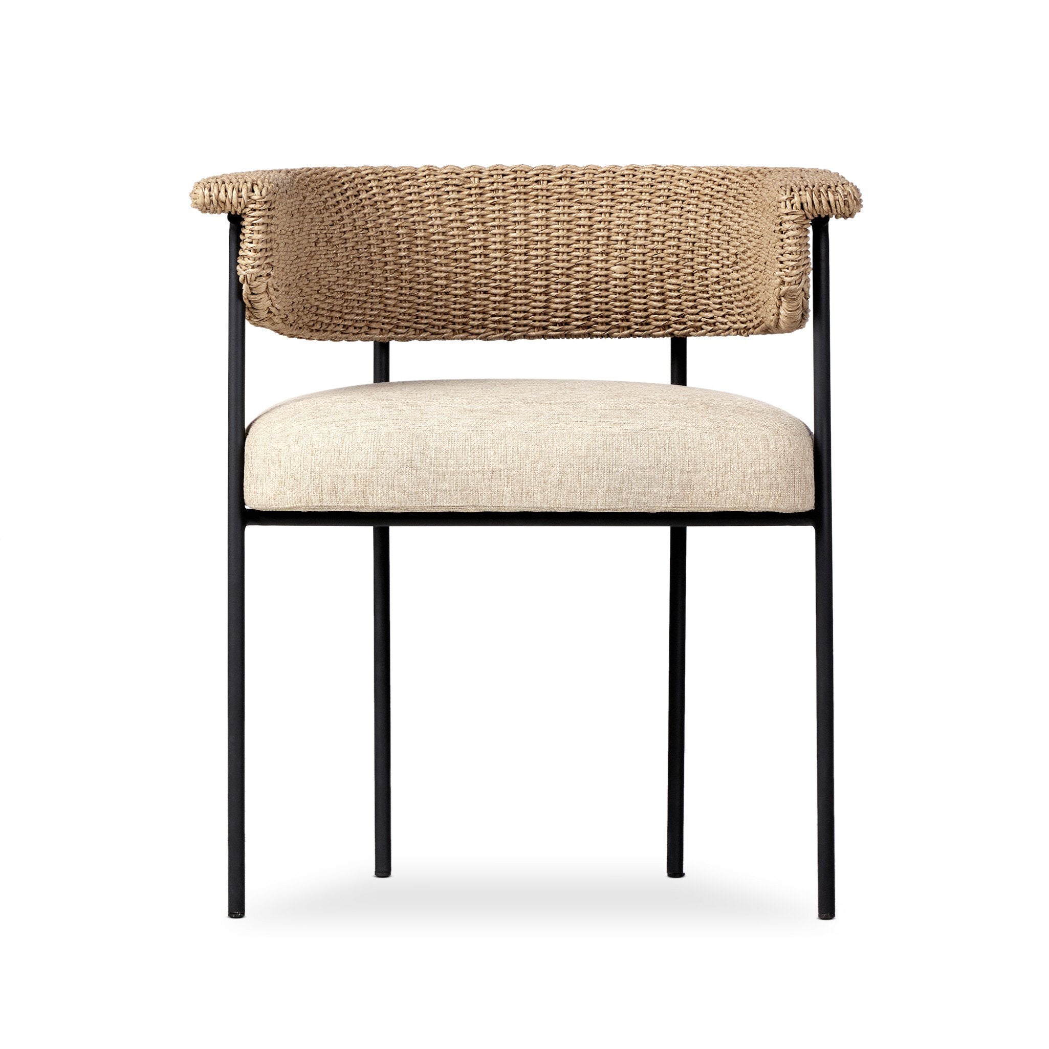 Chair with woven backrest and upholstered seat on a white background