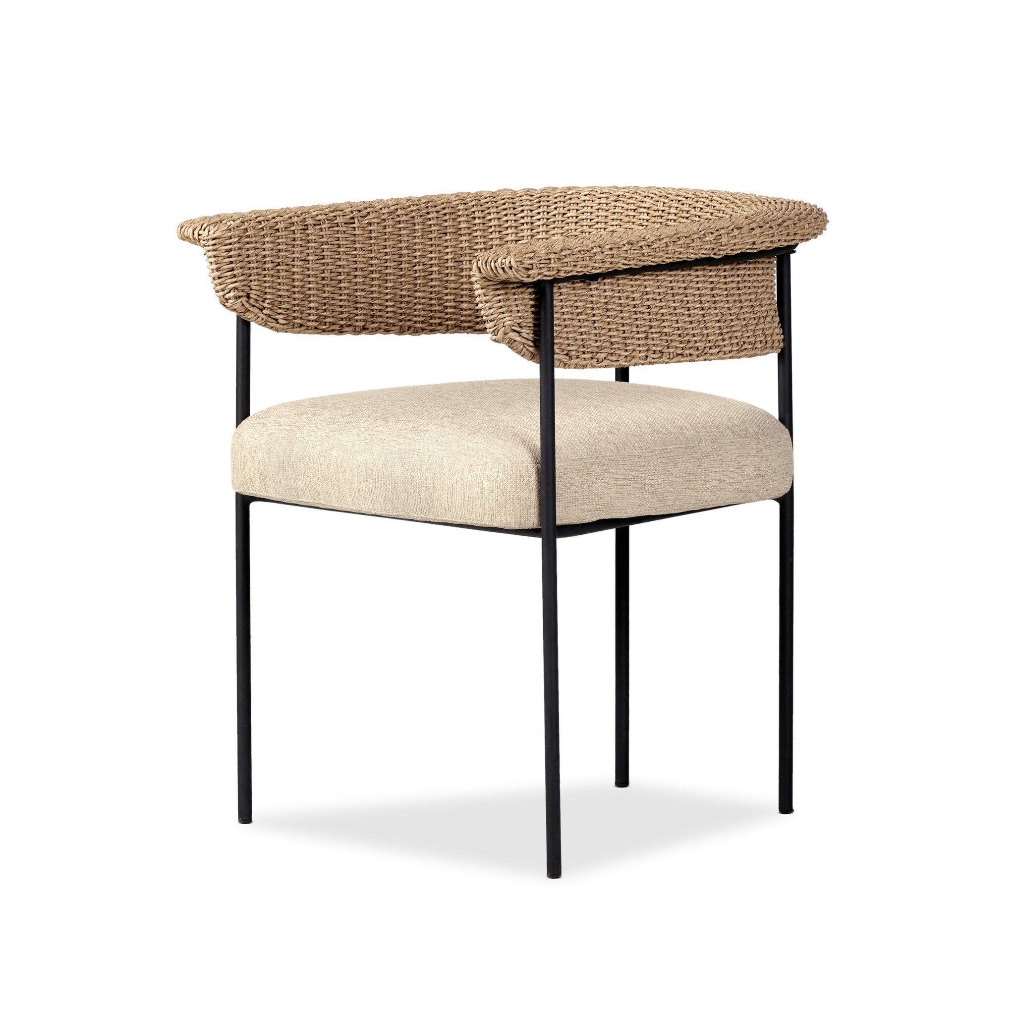 Chair with woven backrest and upholstered seat on a white background