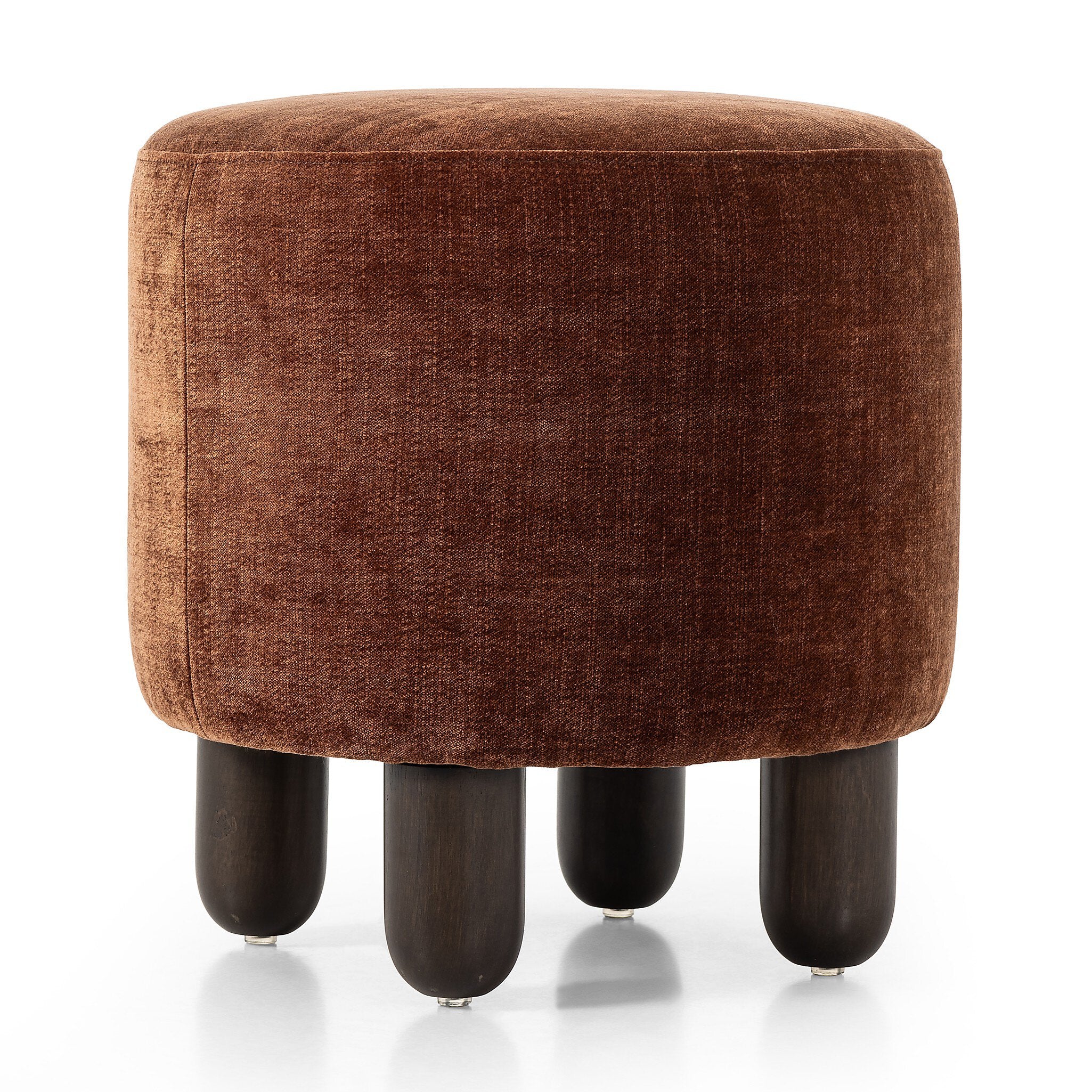Brown upholstered stool with black legs