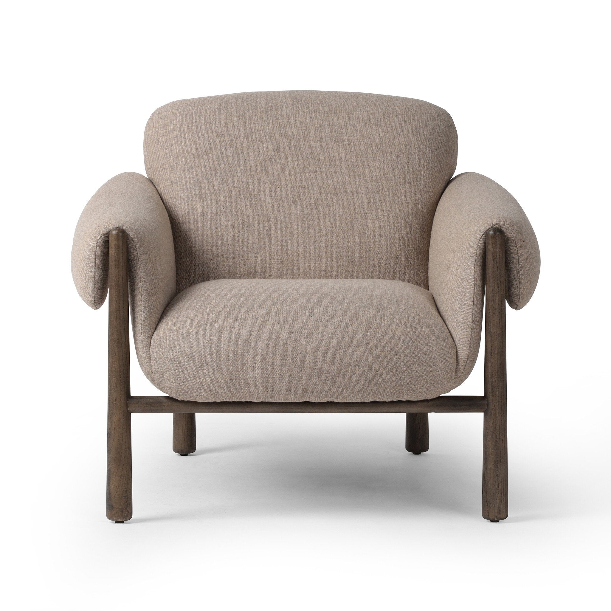 Beige armchair with wooden legs on a white background