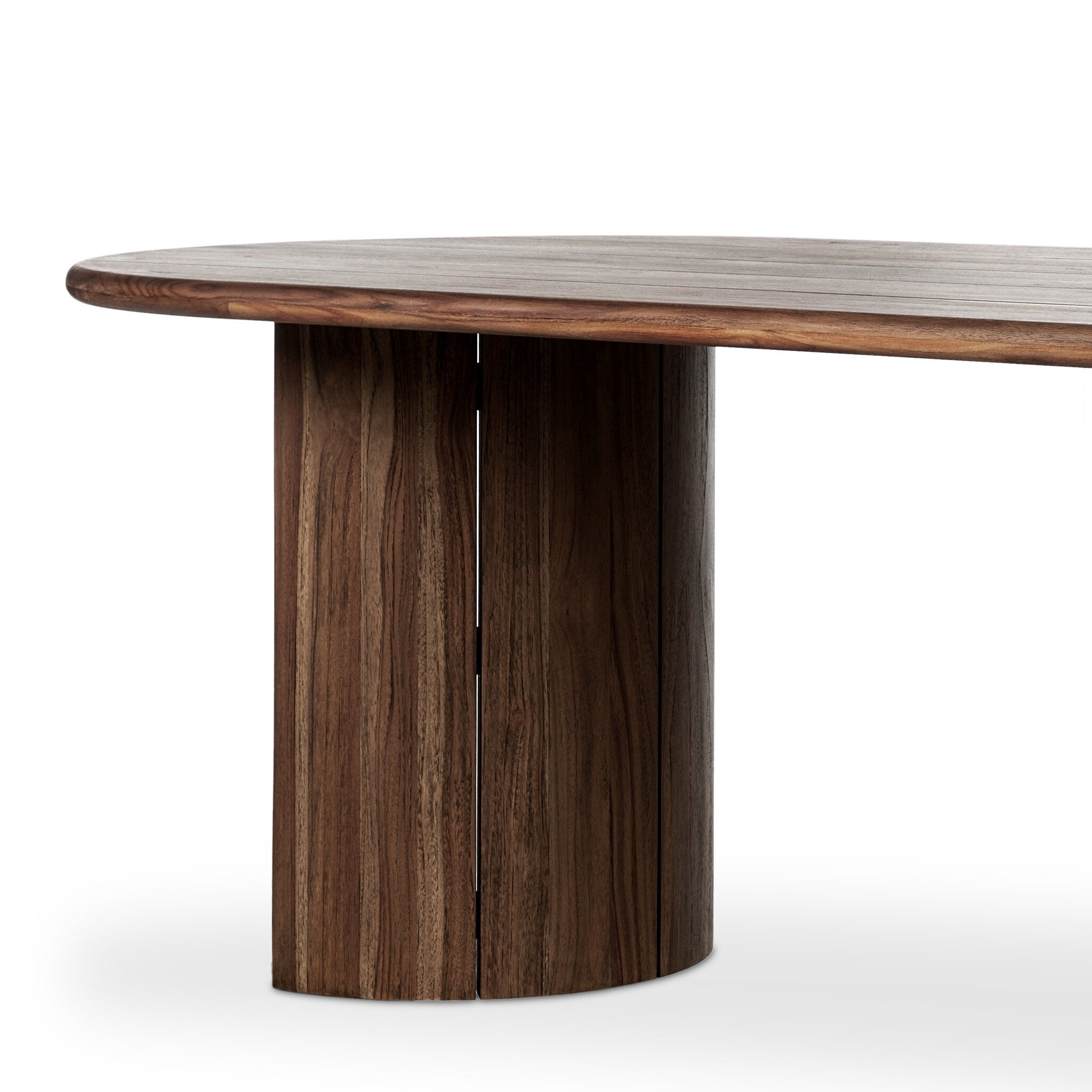 Wooden outdoor dining table with a dark brown base and light gray top on a white background