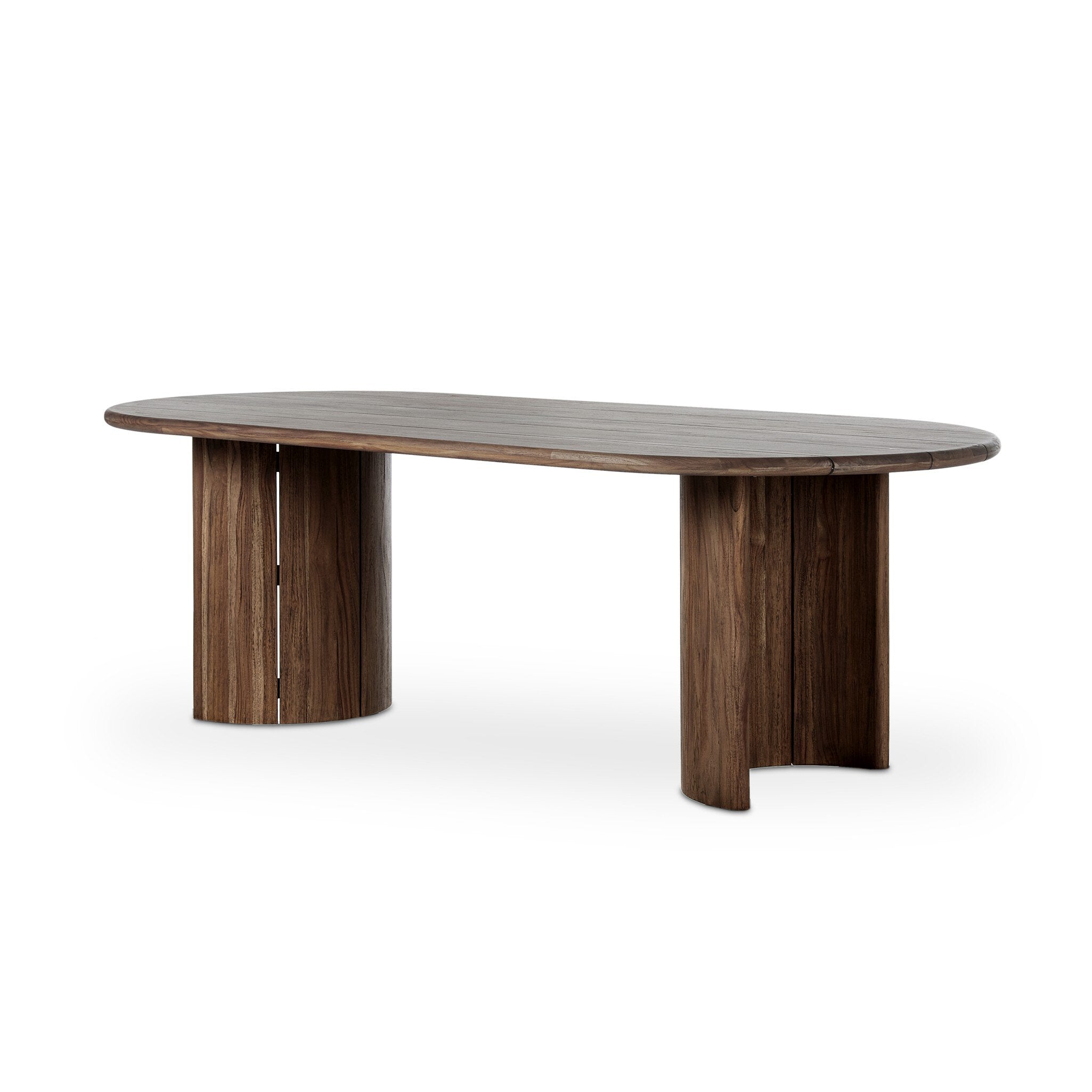 Wooden dining table with a modern design on a white background