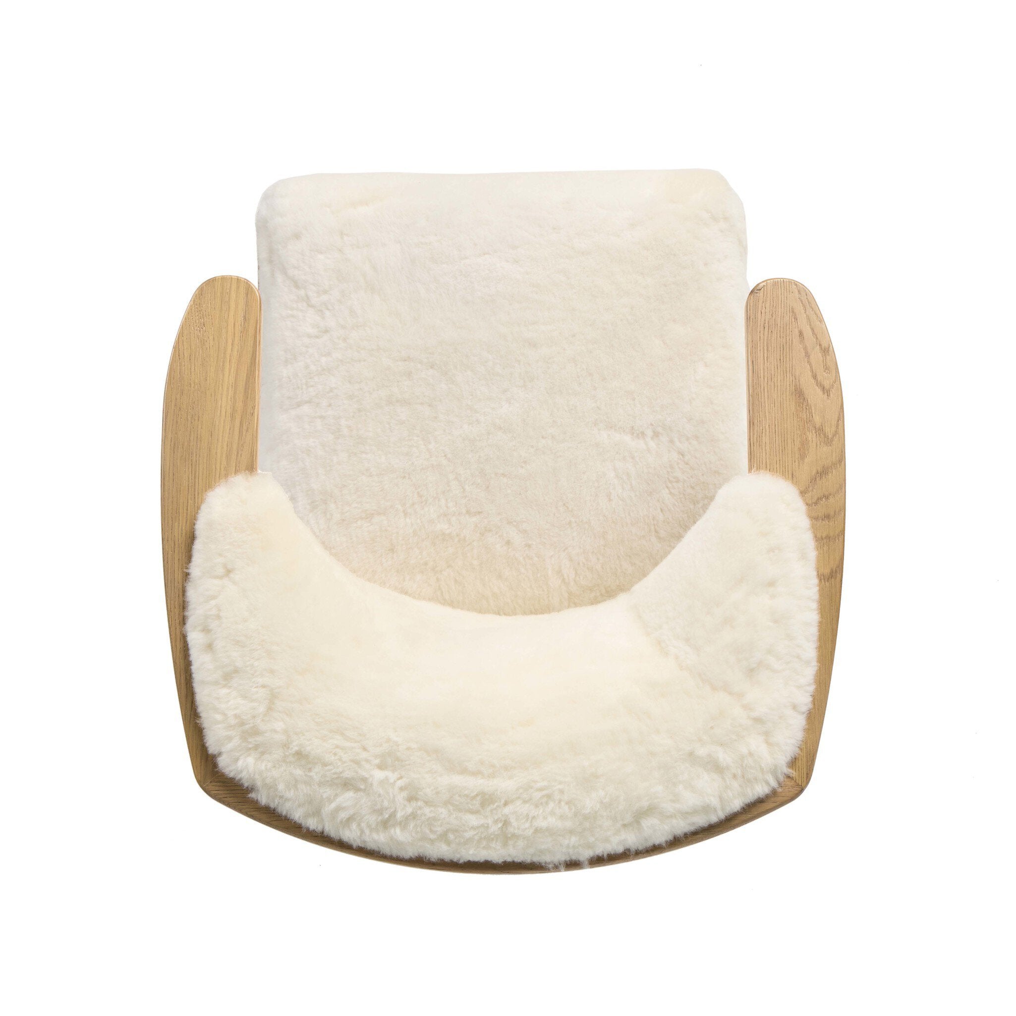 White cushioned chair with wooden armrests on a white background