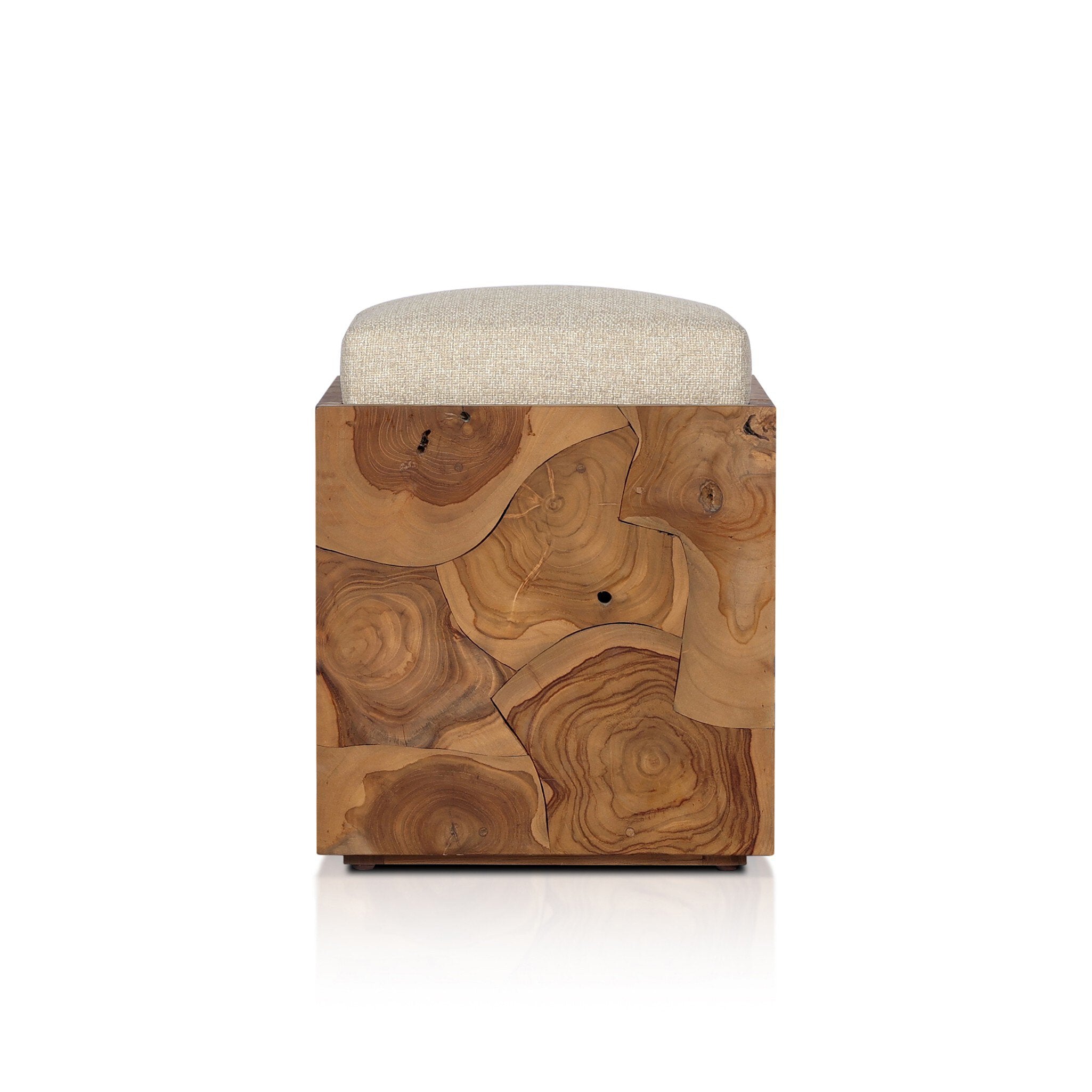 Wooden stool with a textured surface and white cushion on a white background