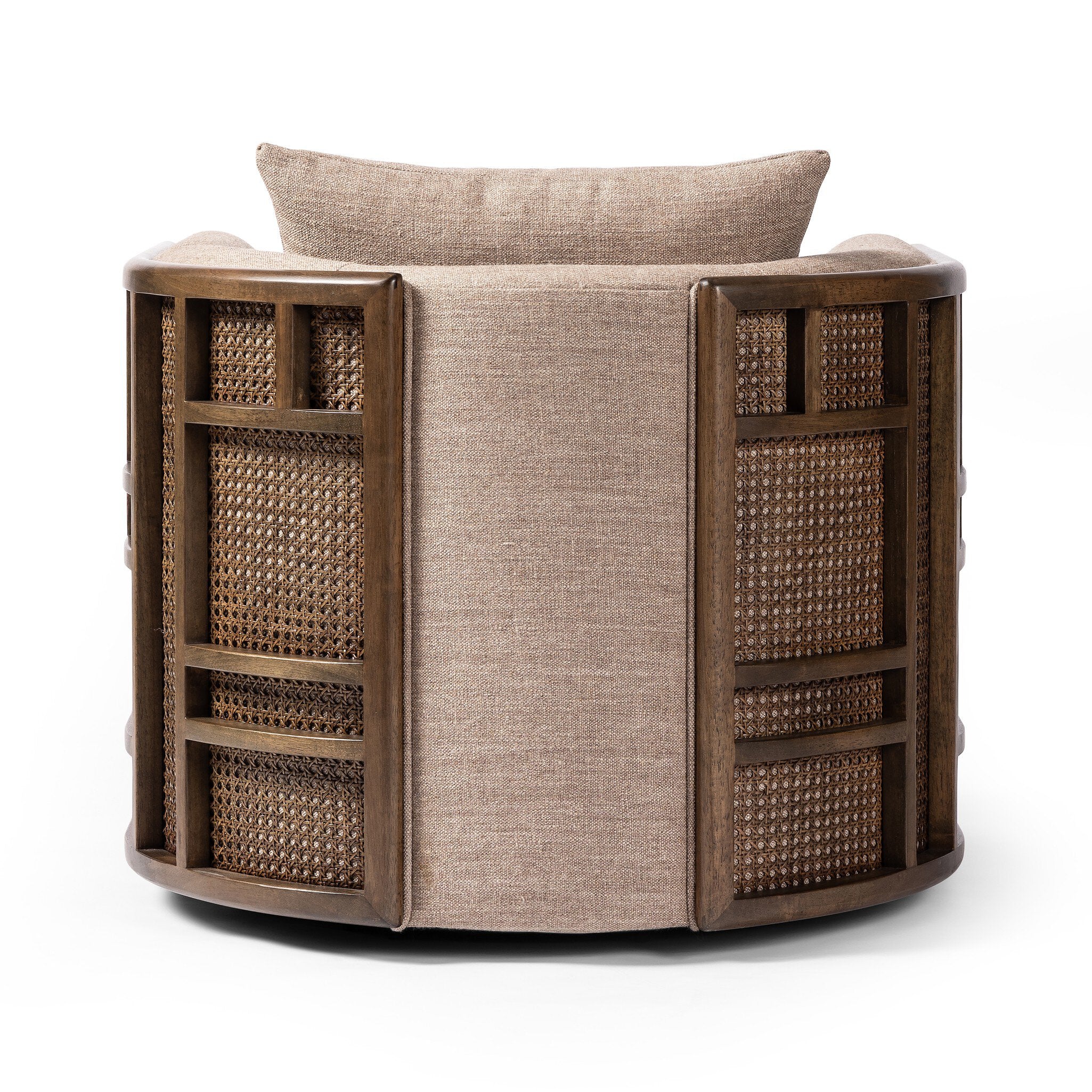 Chair with woven sides and beige cushion on a white background