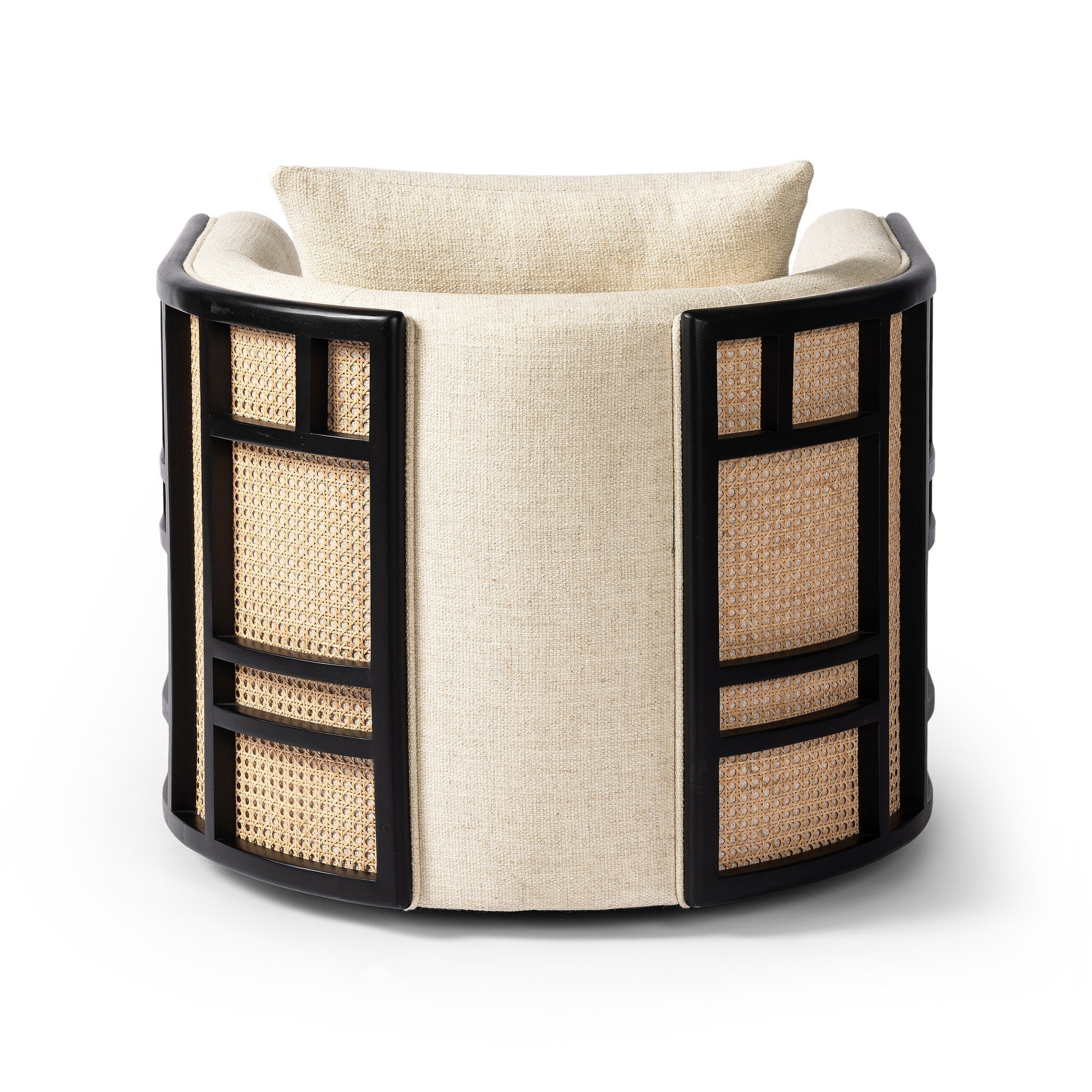 Decorative pet bed with black frame and beige cushion on a white background
