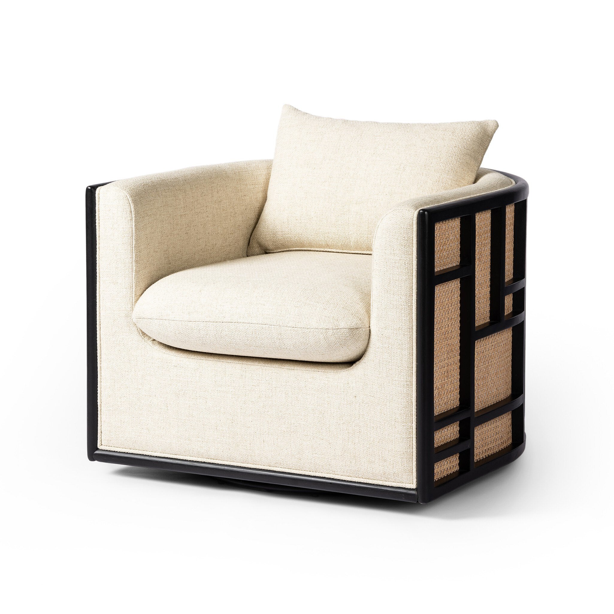 Beige armchair with a black and woven patterned frame on a white background