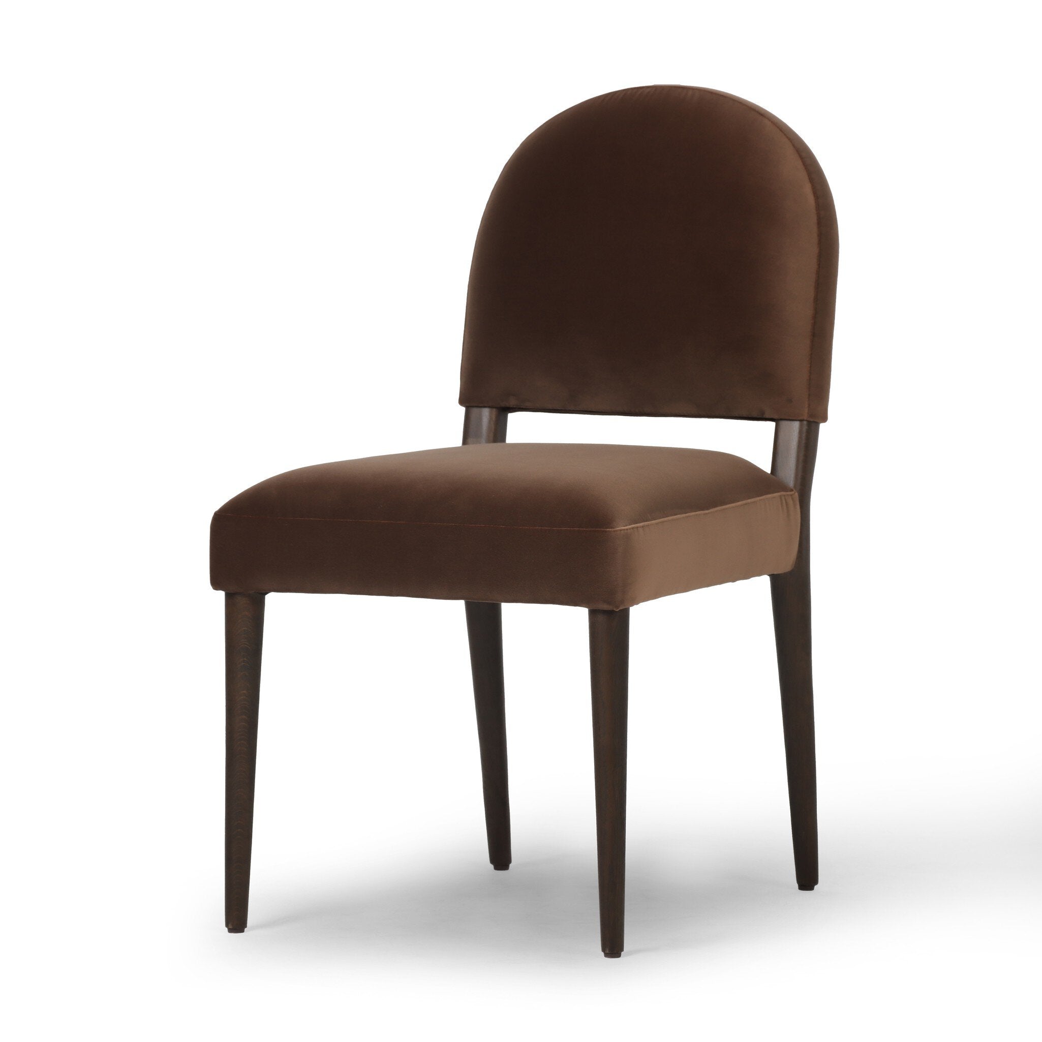 Brown upholstered dining chair on a white background