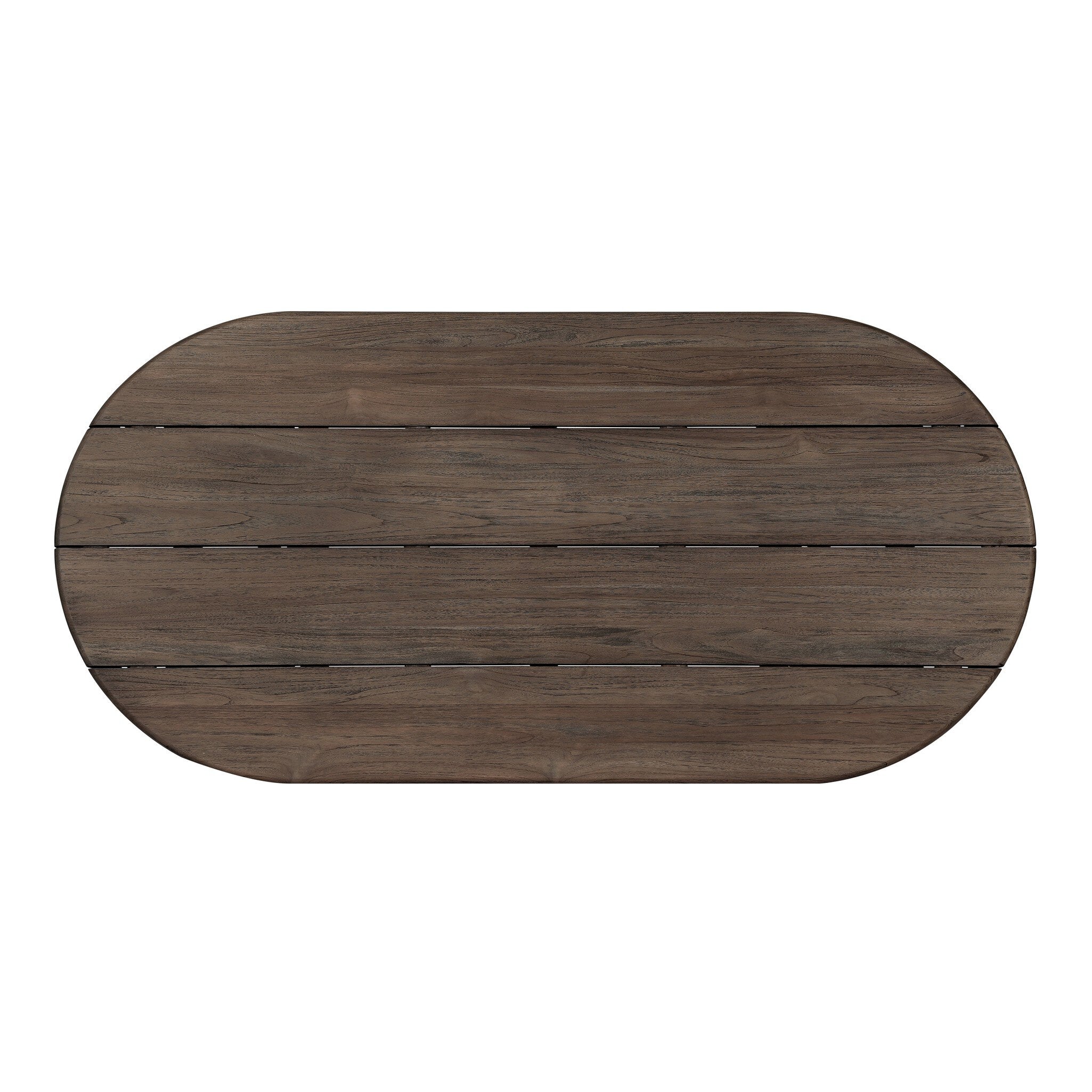 Wooden outdoor coffee tabletop with a brown finish on a white background