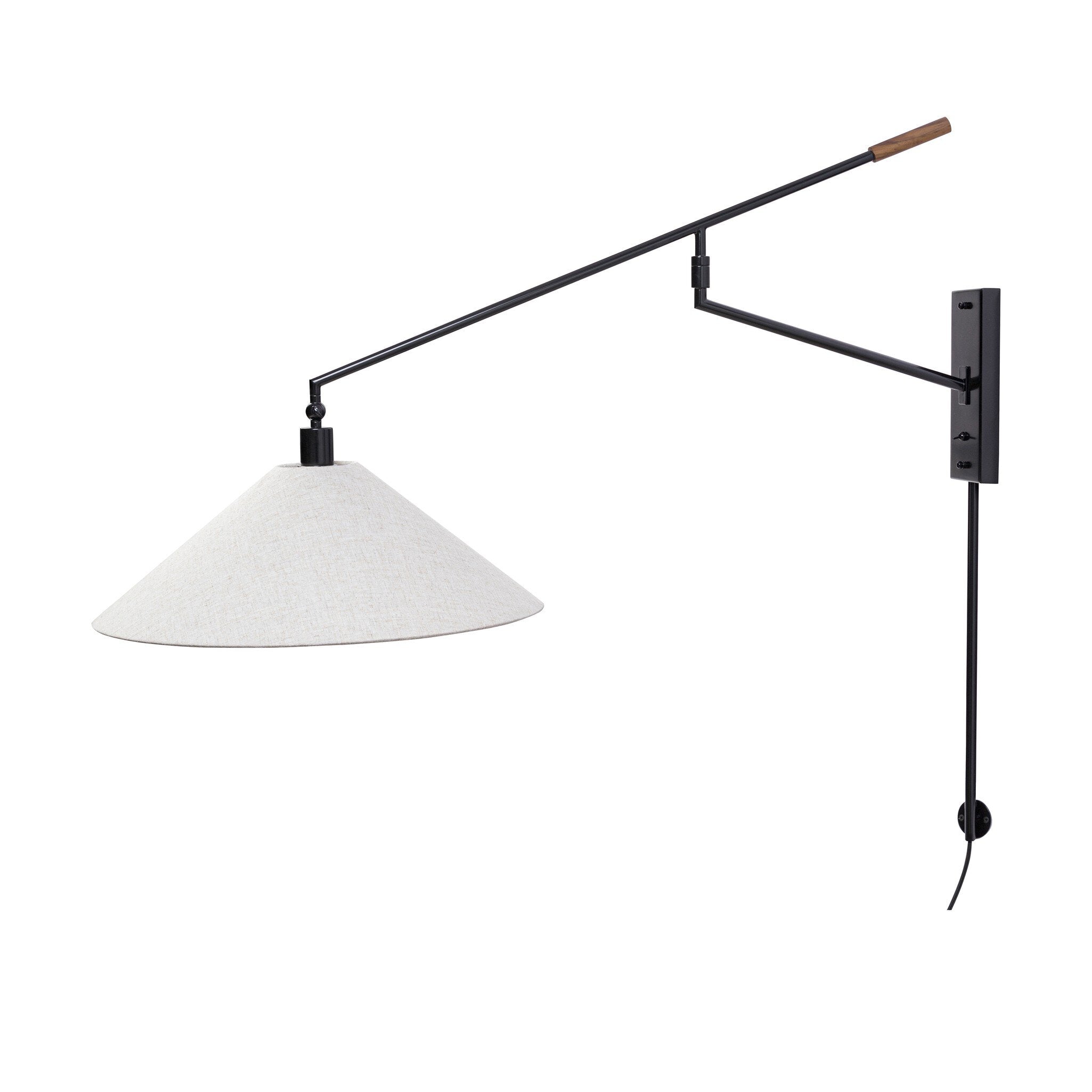 Wall-mounted lamp with a white shade and black arm