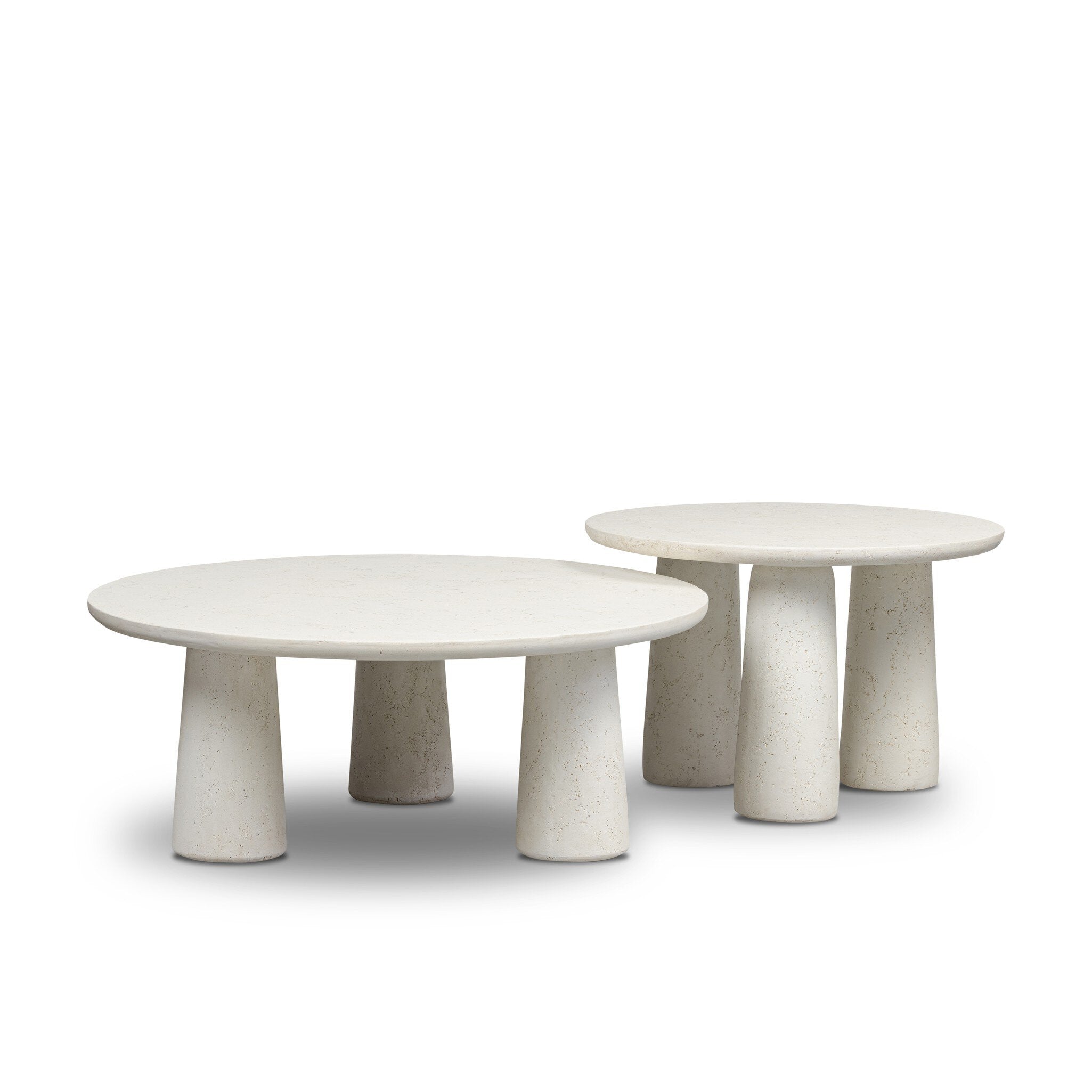 Two white concrete outdoor coffee tables on a white background