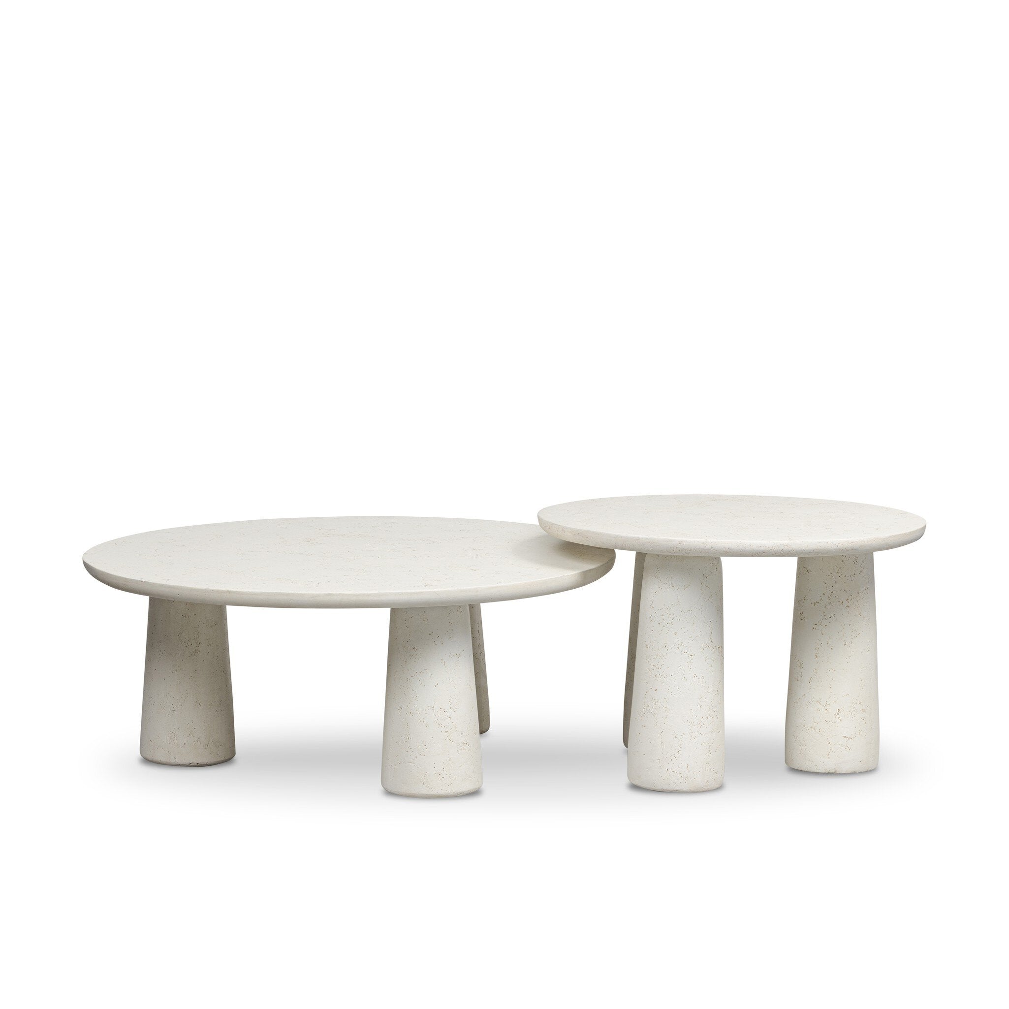 Two white concrete tables with unique designs on a white background
