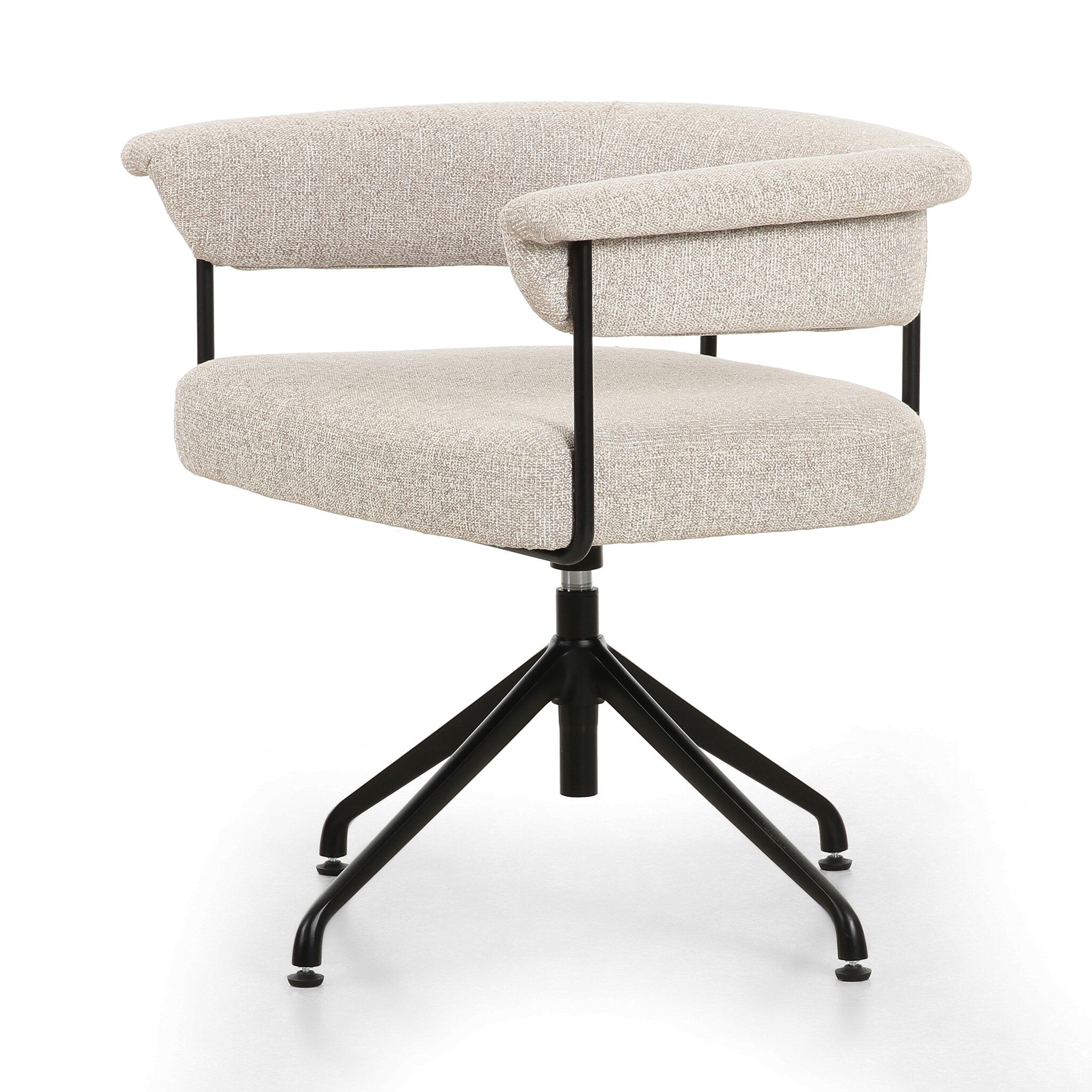 Beige swivel office chair with black metal base on a white background